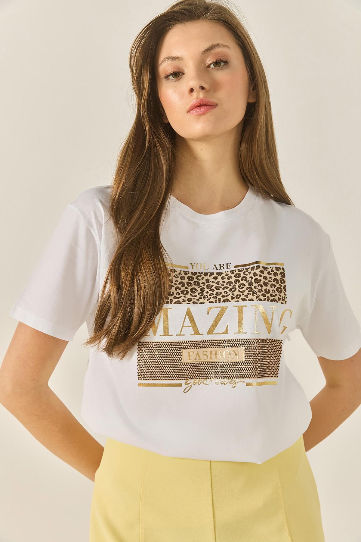 Kadın Baskılı Taş Detaylı Normal Kalıp Pamuklu T-Shirt 8136 60283302 - Beyaz - Beyaz / L