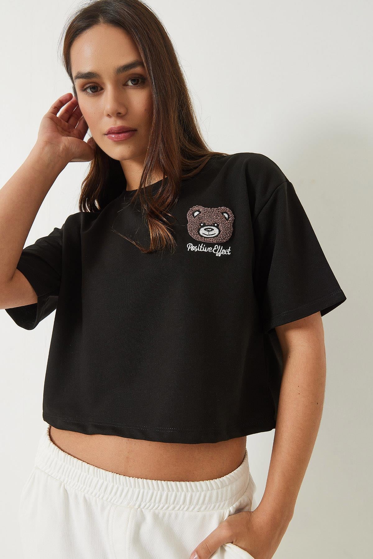 Kadın Teddy Nakışlı Penye Crop T-Shirt 3019 60283090 - Siyah - Siyah / XL