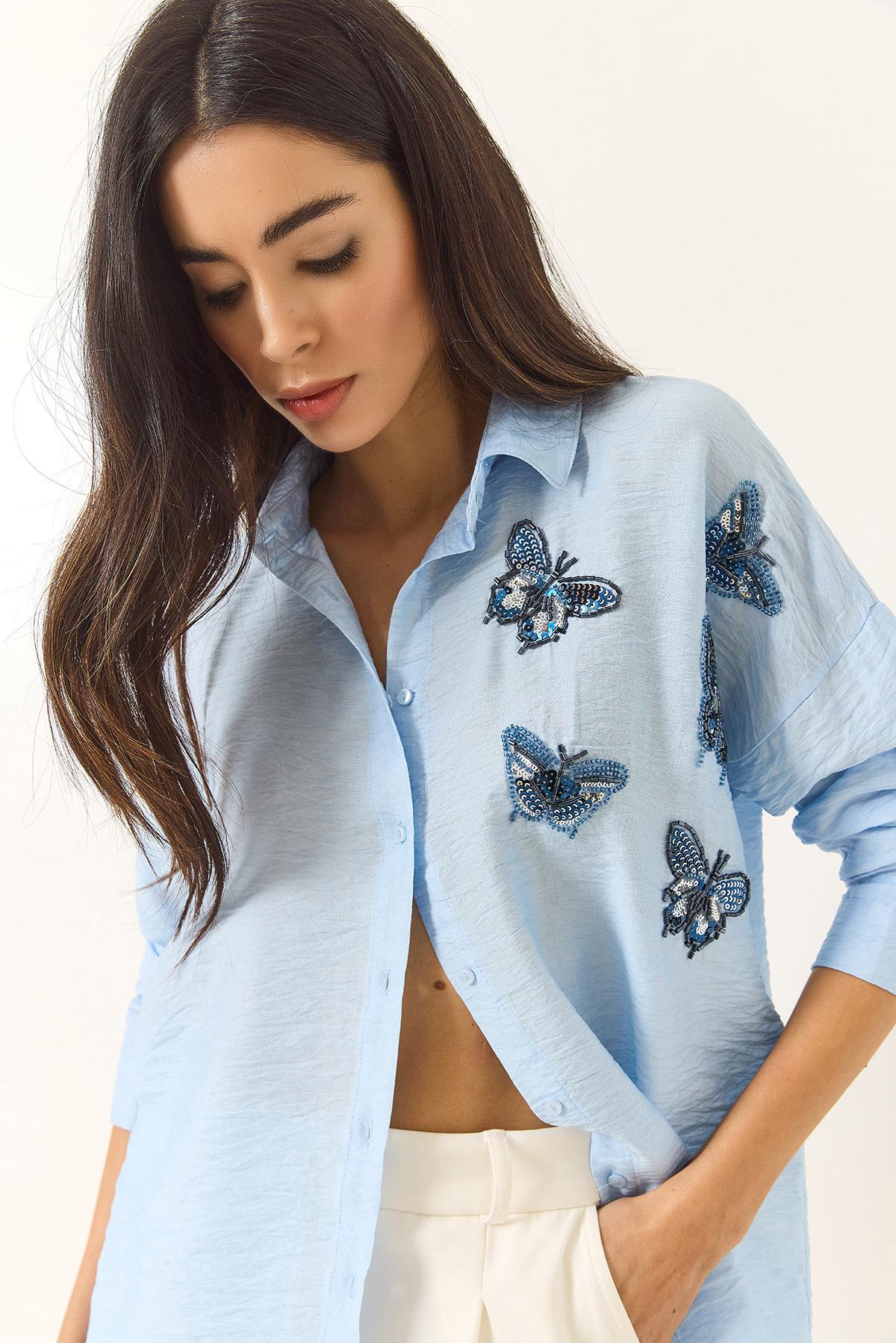 Kadın Kelebek Boncuk Taş İşlemeli Aerobin Oversize Gömlek 60283030 - Bebe Mavisi - Bebe Mavisi / XL