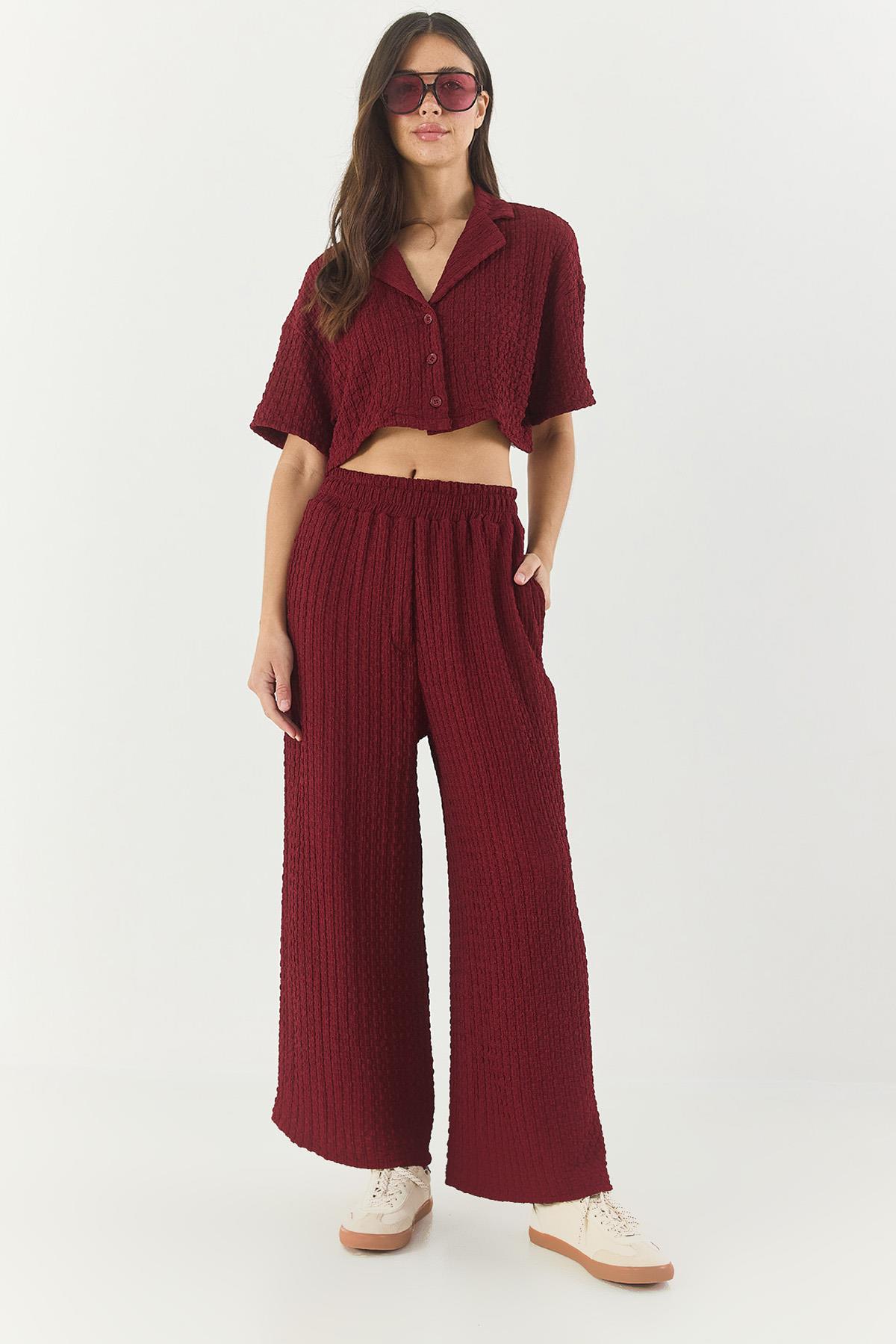 Kadın Gofre Crop Ceket Beli Lastikli Yüksek Bel Pantolonlu Alt-Üst Takım 9313 60281043 - Bordo - Bordo / 36