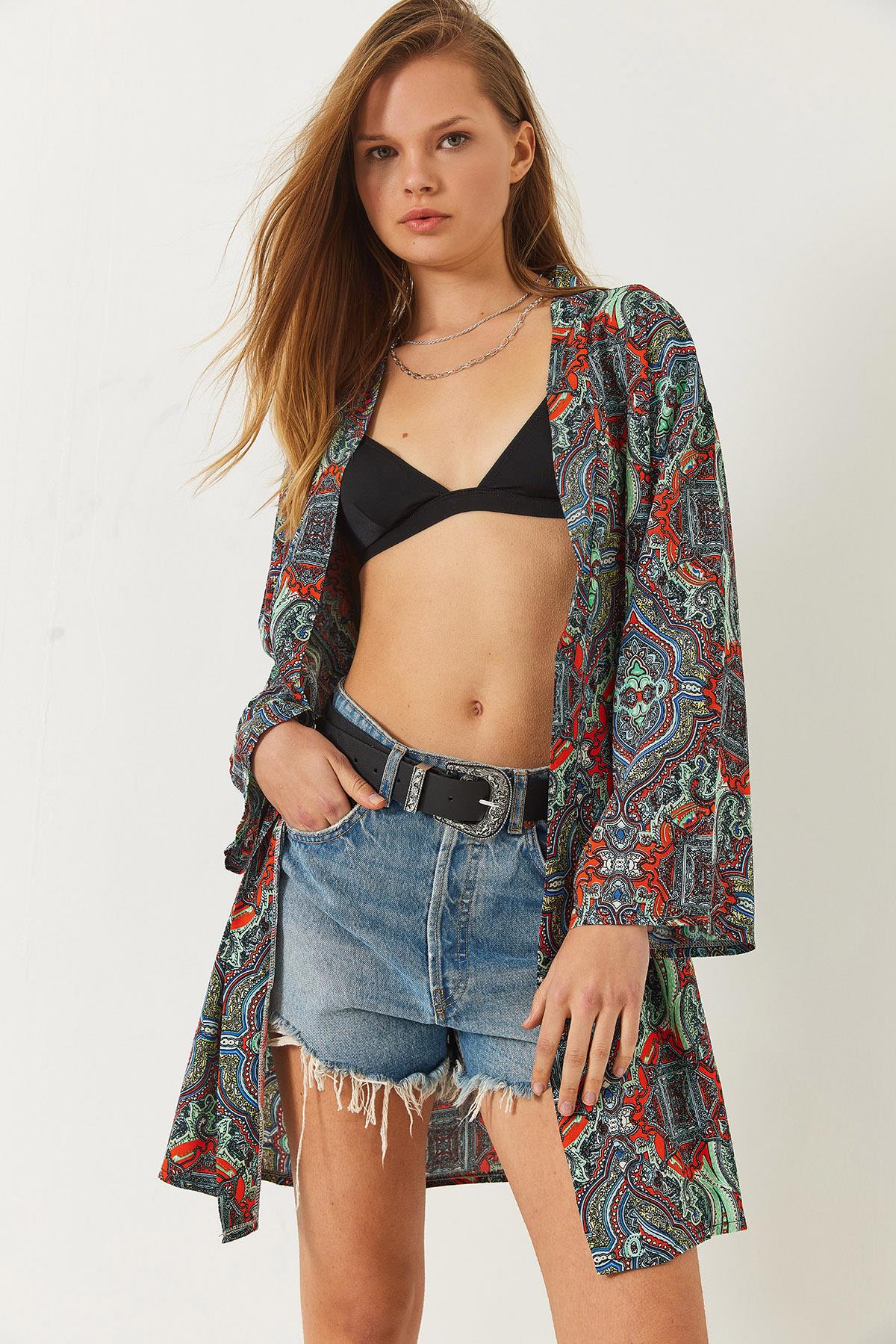 Kadın Desenli Kısa Viskon Kimono 60261495 - Çok Renkli - Çok Renkli / M