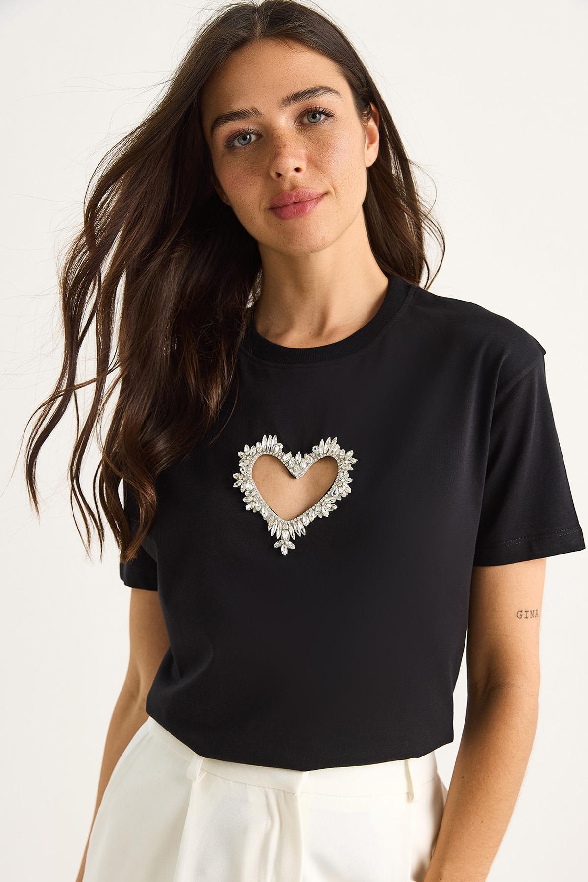 Kadın Taşlı Kalp Pencereli Pamuklu T-Shirt 60602073 - Siyah - Siyah / L