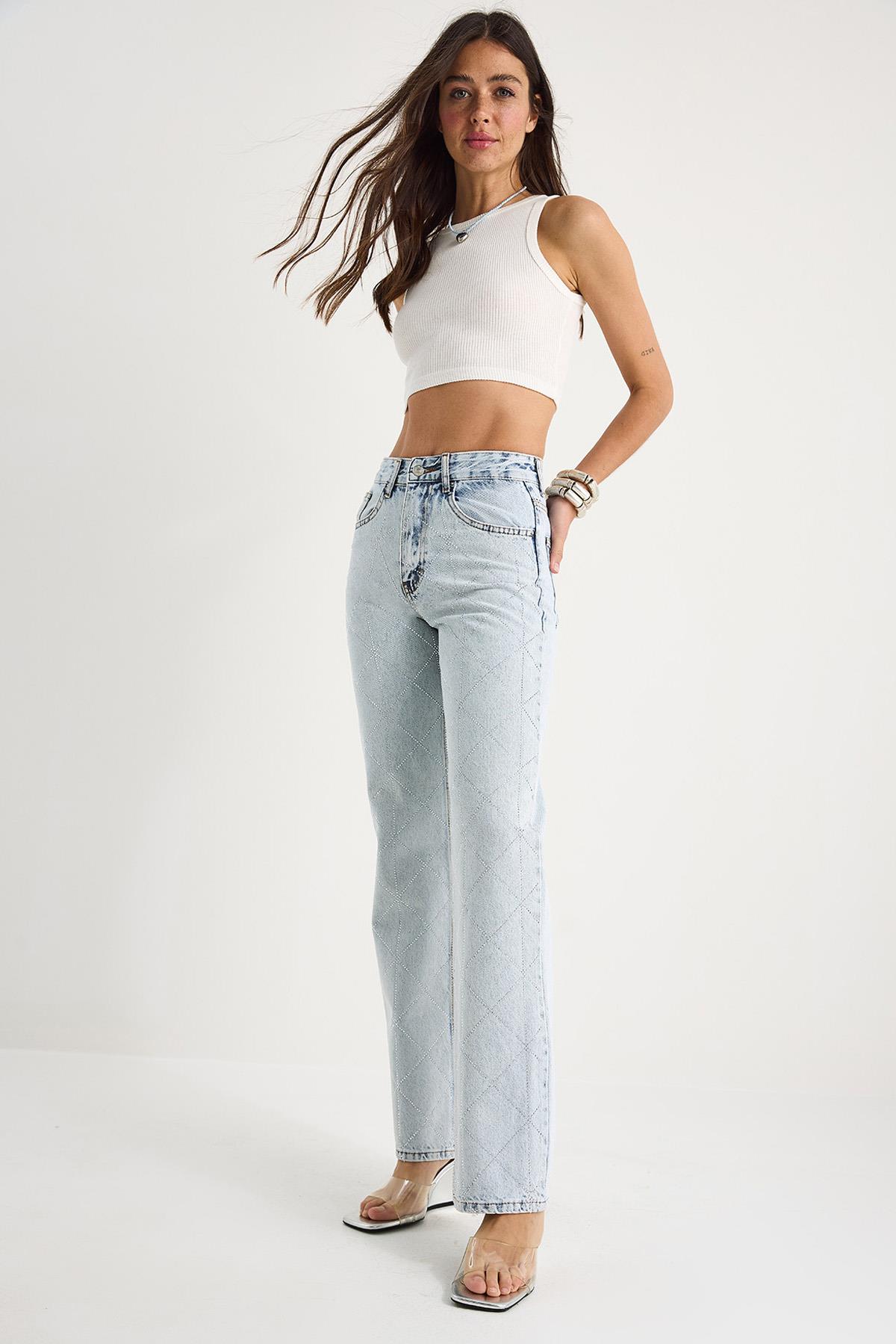 Kadın Baklava Desenli Dijital Taş Baskılı Straight Denim Pantolon 488 60283287 - Buz Mavisi - Buz Mavisi / 38