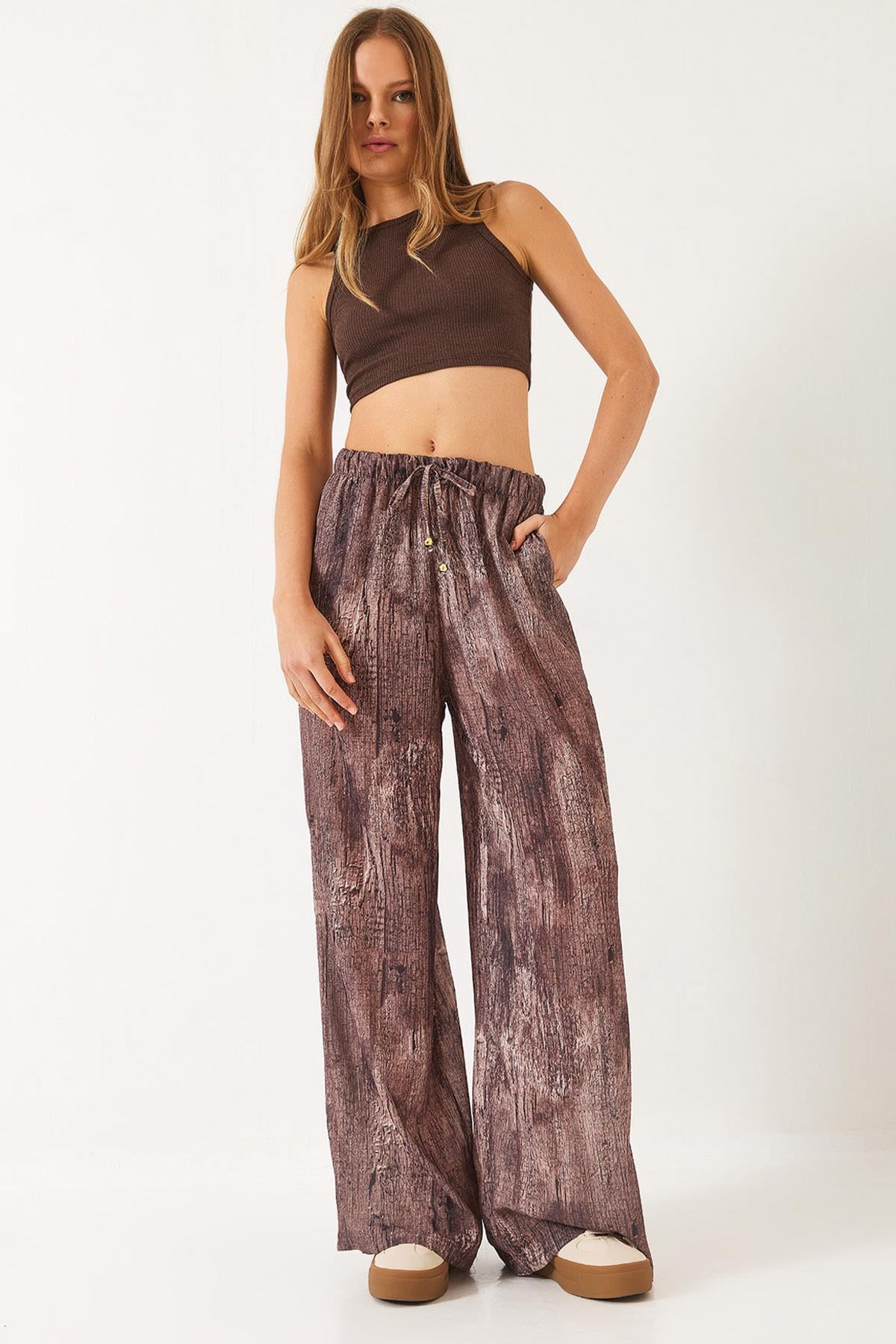 Kadın Kontrast Geçişli Cep Detaylı Wide Leg Pantolon 60440-2 60271056 - Kahve - Kahve / 36