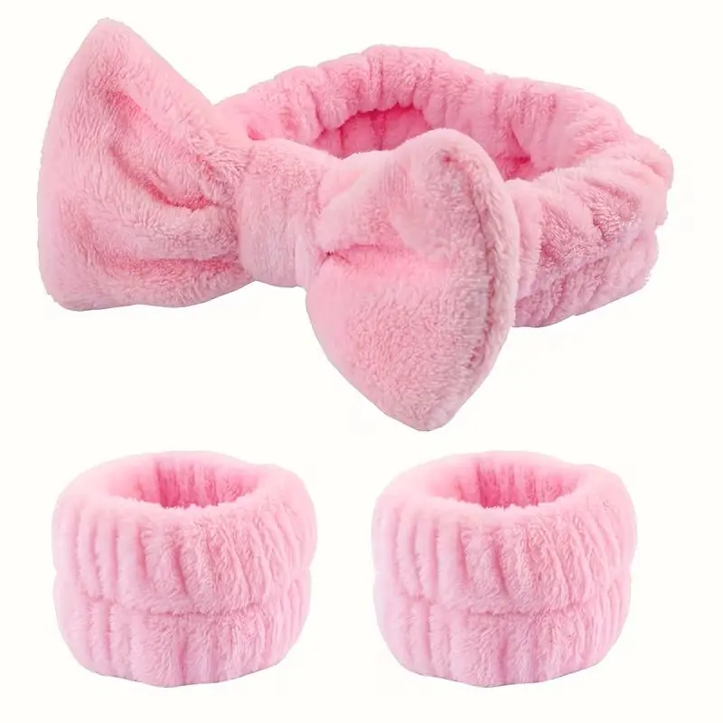 MORESUN 3 Parça Pembe Flanel Yaylı Bileklik Yüz Temizleme Seti