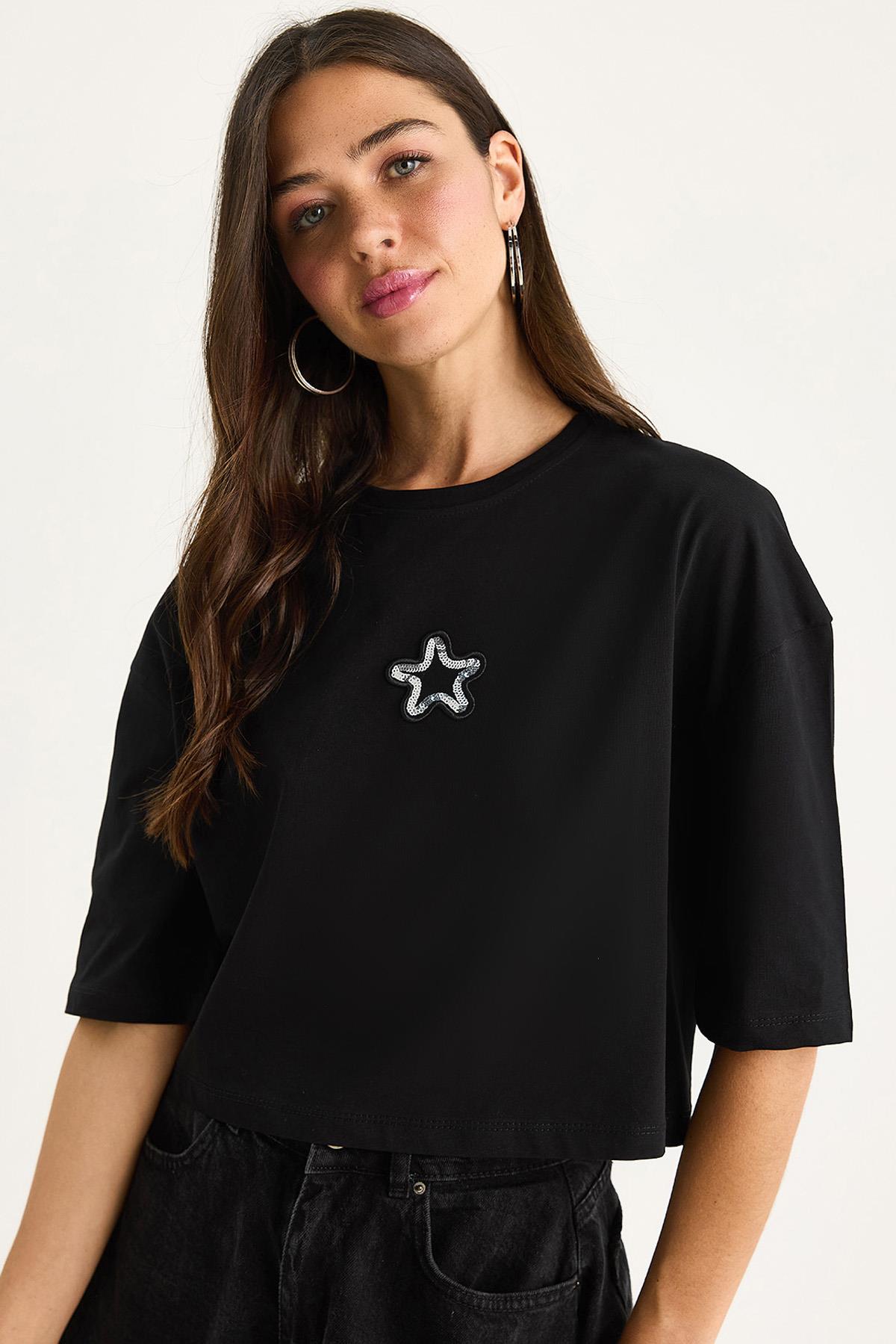 Kadın Yıldız Nakışlı Bisiklet Yaka %100 Pamuklu Crop T-Shirt 6703 60283449 - Siyah - Siyah / M