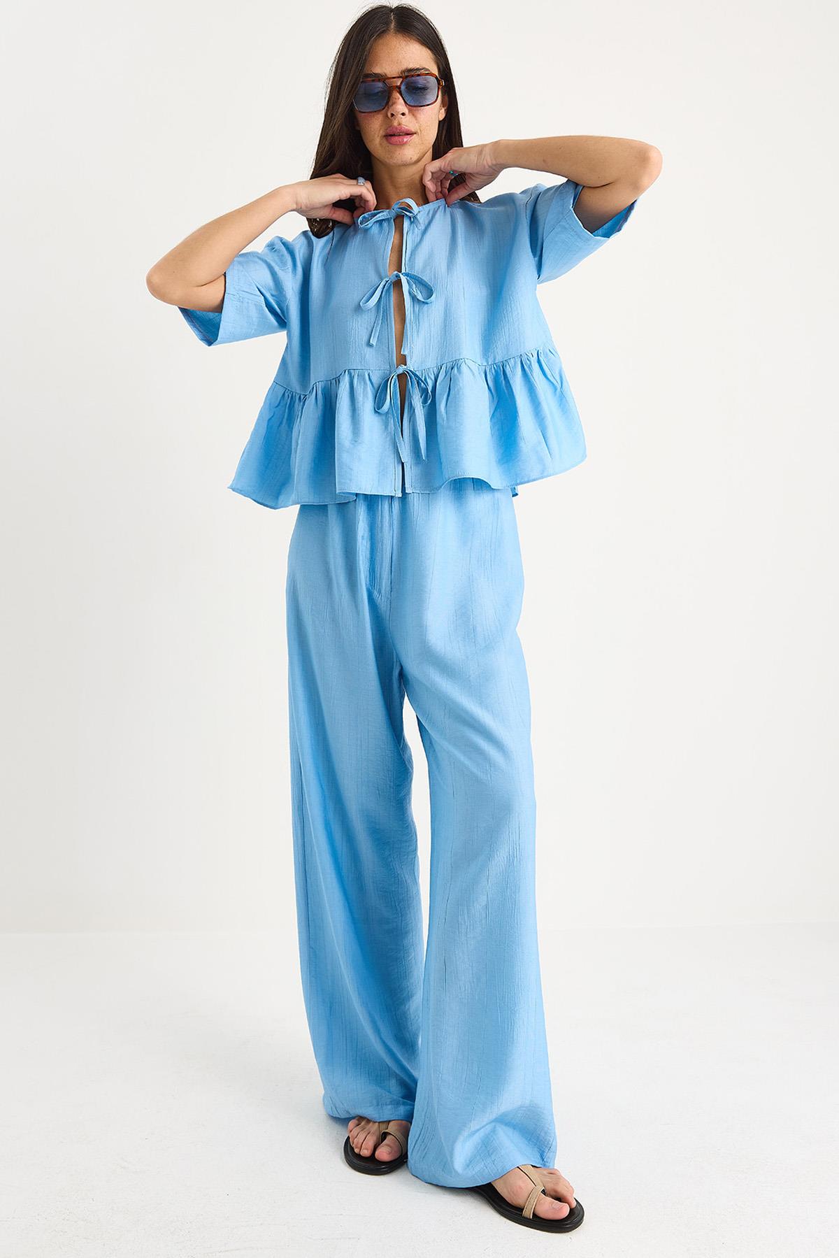Kadın Bağlama Detaylı Kısa Kollu Bluz Pantolon Alt-Üst Takım 9265 60281014 - Bebe Mavisi - Bebe Mavisi / 38