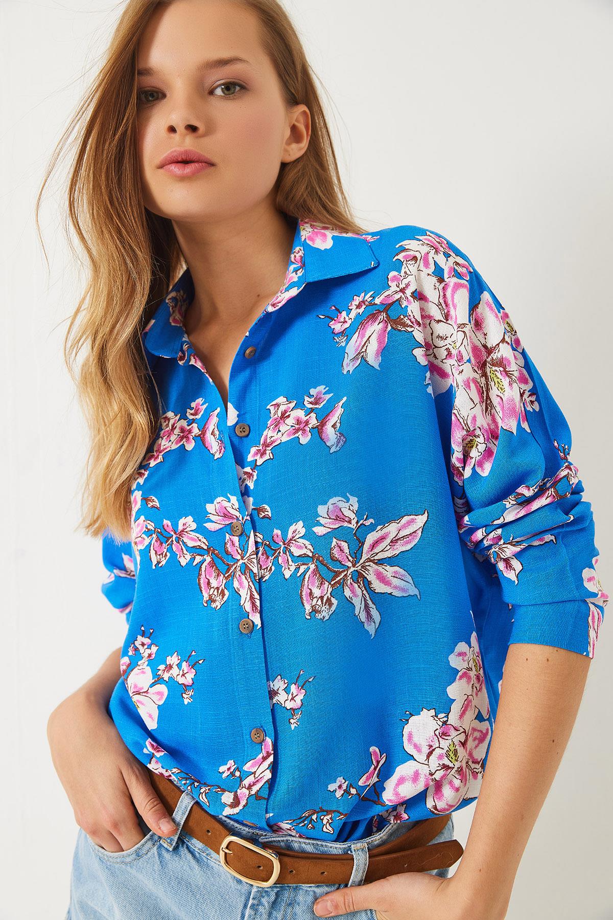 Kadın Çiçek Desenli Oversize Viskon Keten Gömlek 60261538 - Mavi-Pembe - Mavi-Pembe / XL