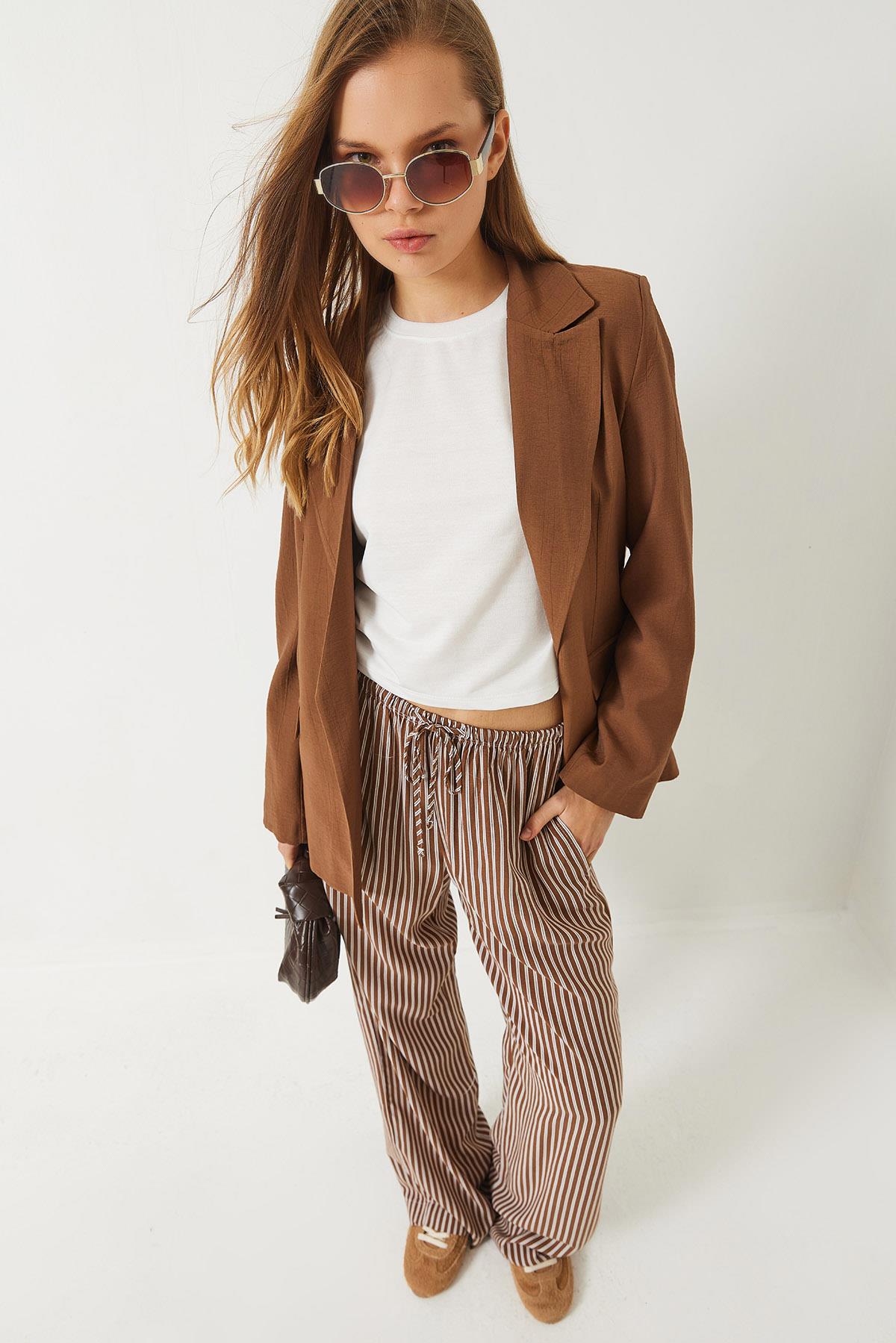 Kadın Vatkalı Astarı Çizgili Çilek Kumaş Blazer Ceket 50178 60283002 - Taba - Taba / M