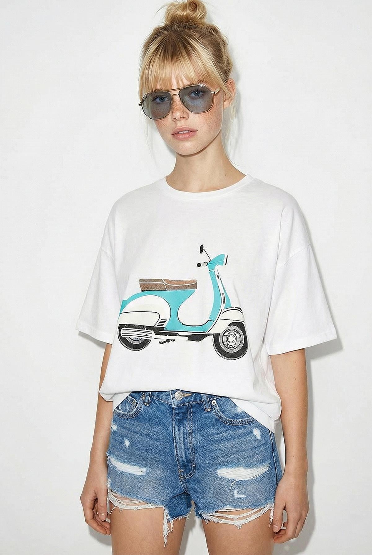 Kadın Scooter Baskılı Kısa Kollu Bisiklet Yaka Regular T-Shirt 3098 60283072 - Beyaz - Beyaz / M