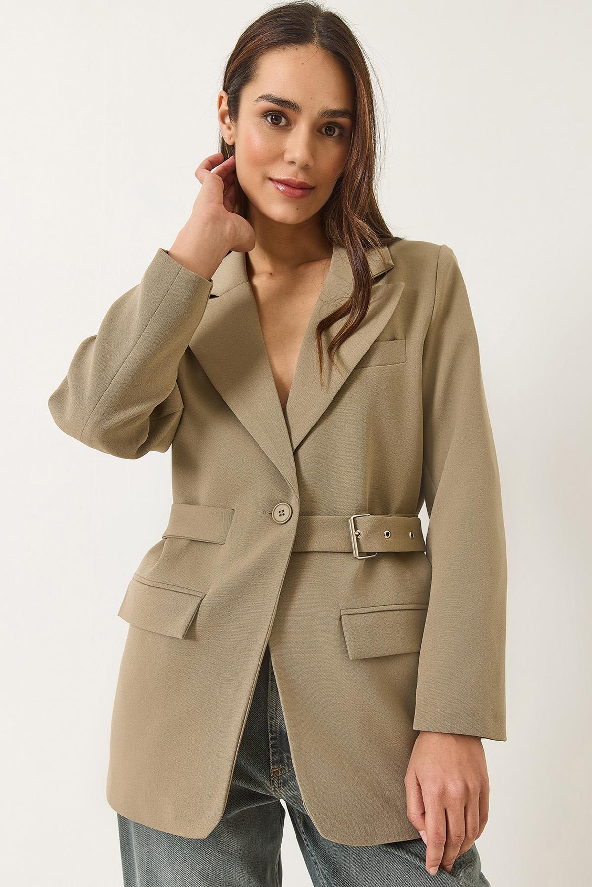 Kadın Kemer Detaylı Astarlı Blazer Ceket 8132 60283134 - Vizon - Vizon / 38