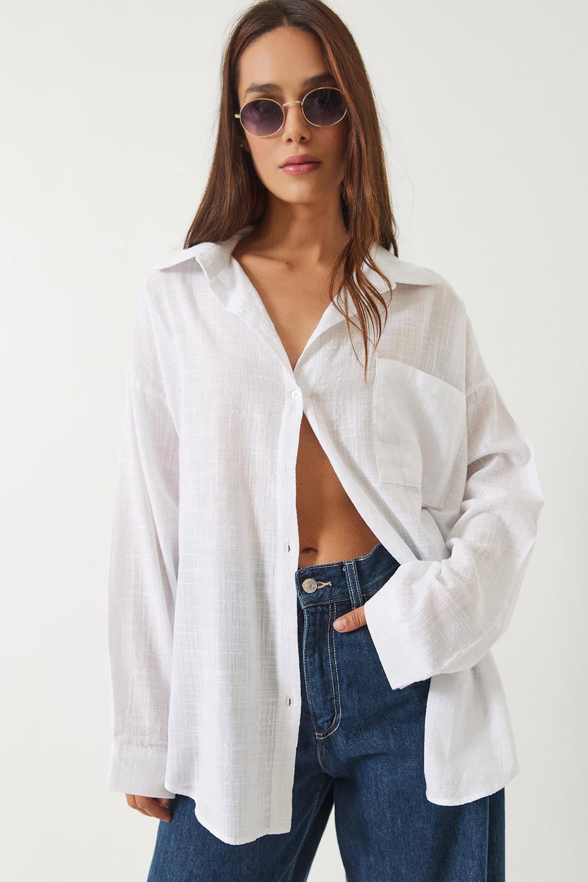 Kadın Tek Cepli Pamuk Viskon Oversize Basic Gömlek 4756 60261396 - Beyaz - Beyaz / 38
