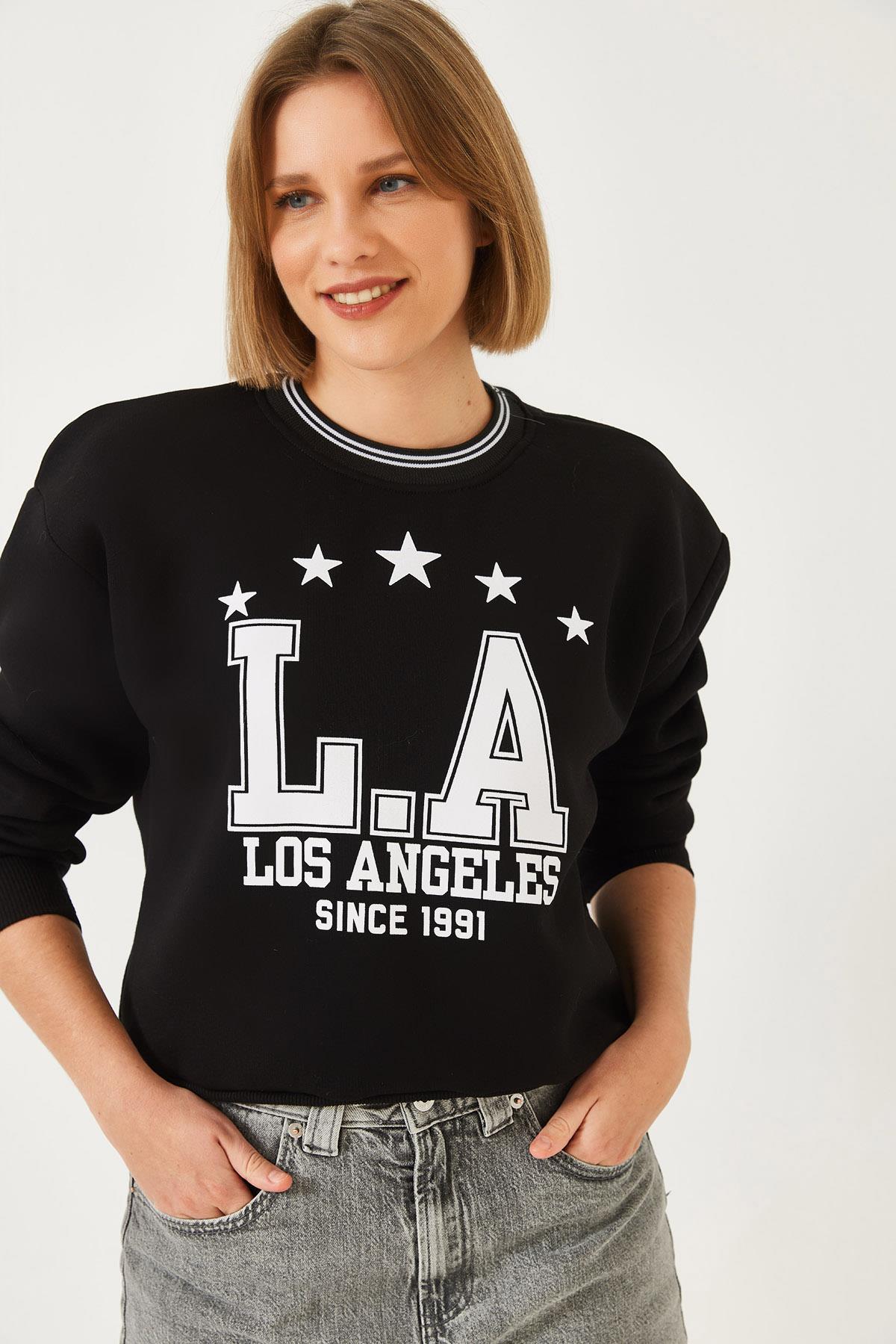 Kadın Üç İplik Şardonlu Yazılı Sweatshirt 60601038 - Siyah - Siyah / M