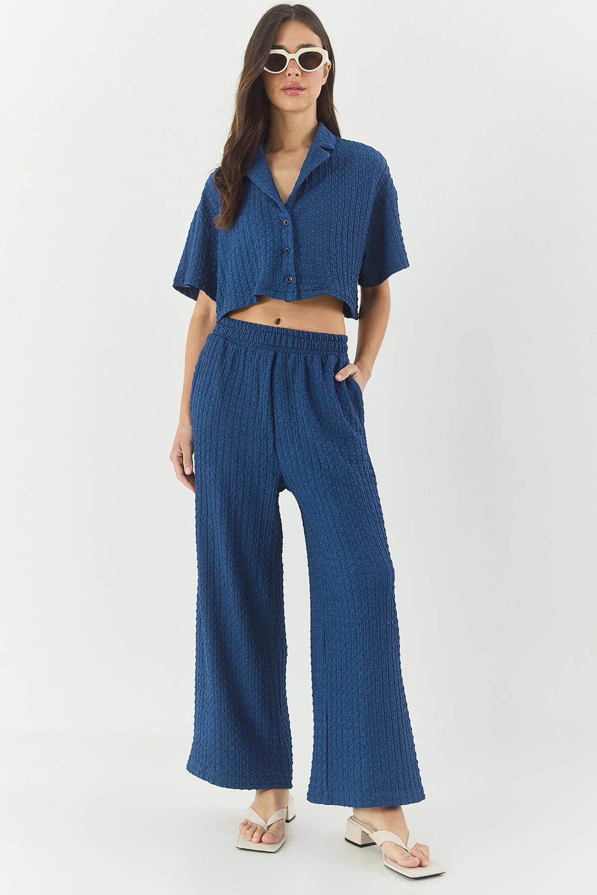 Kadın Gofre Crop Ceket Beli Lastikli Yüksek Bel Pantolonlu Alt-Üst Takım 9313 60281043 - Gece Mavisi - Gece Mavisi / 40