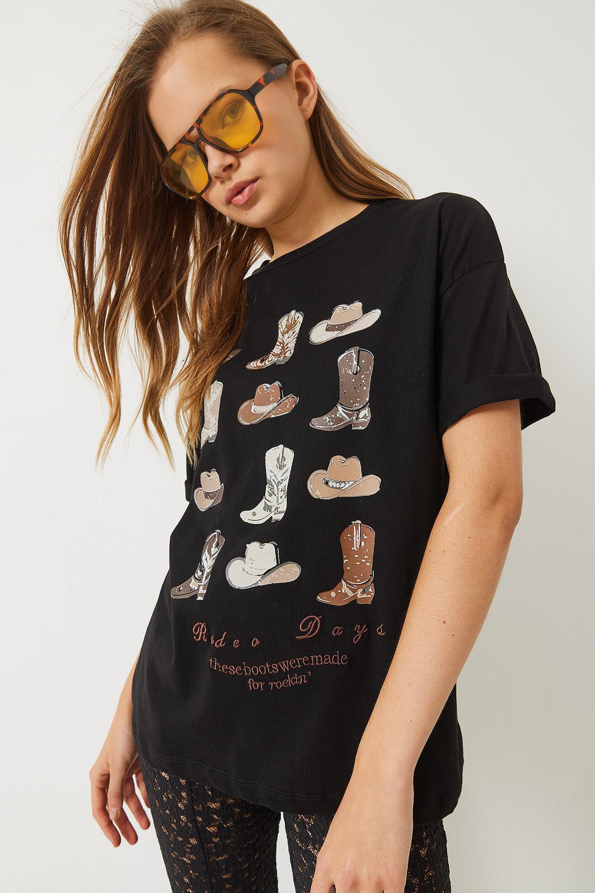 Kadın Kısa Kollu Kovboy Baskılı T-Shirt 60602012 - Siyah - Siyah / S