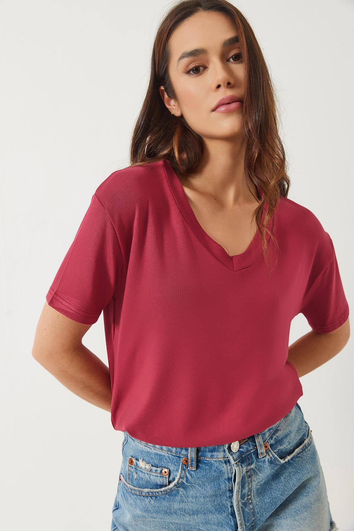 Kadın V Yaka Kısa Kollu Viskon T-Shirt 3077 60283074 - Vişne - Vişne / S