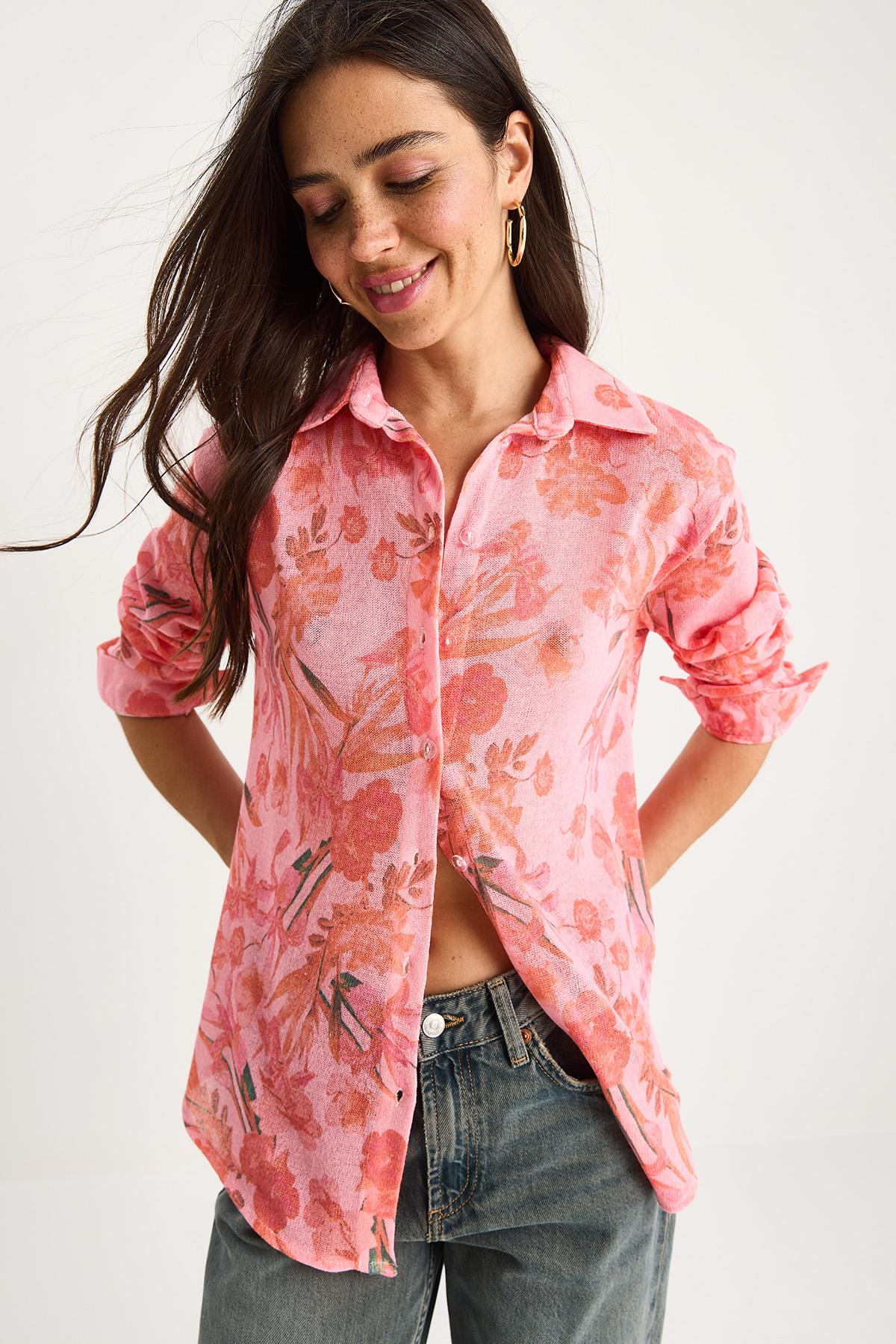 Kadın Desenli Dijital Baskılı Regular Yazlık Örme Gömlek 60282014 - Pembe - Pembe / L
