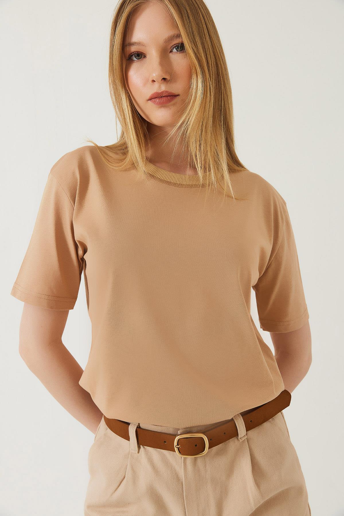 Kadın Dekoratif Dikişli Bisiklet Yaka Tshirt 60602001 - Vizon - Vizon / S