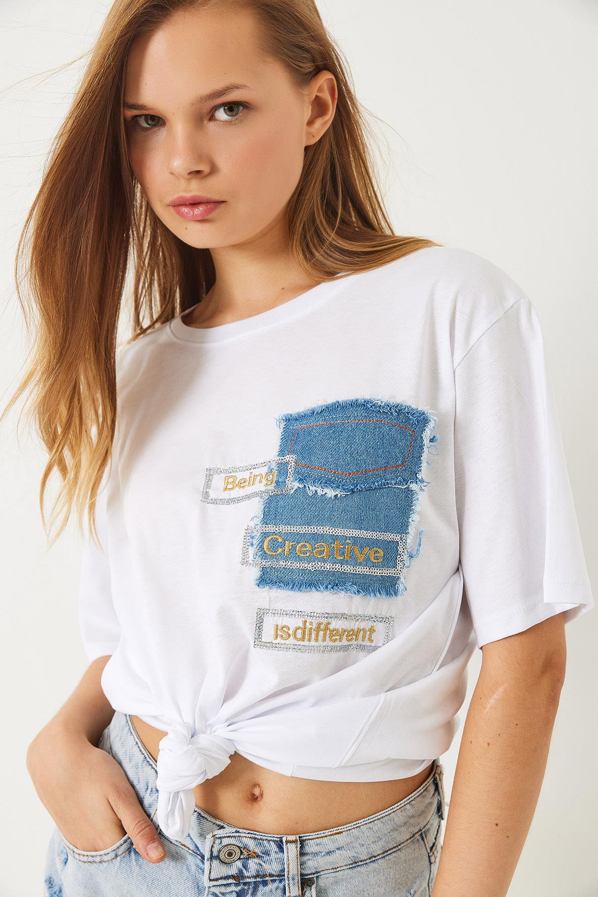 Kadın Denim Parçalı Payet Detaylı Nakışlı T-Shirt 60261388 - Beyaz - Beyaz / M
