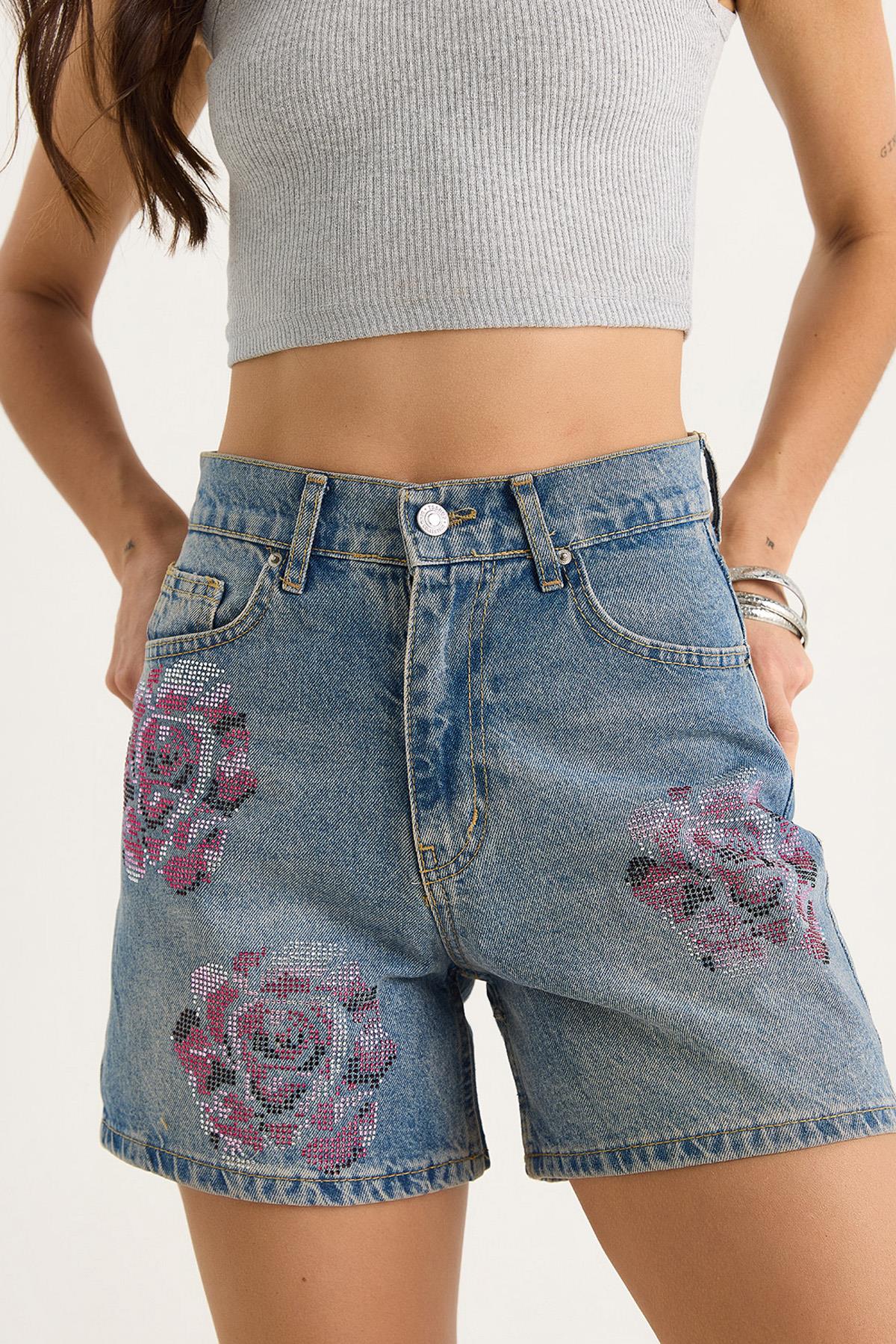Kadın Gül Desenli Renkli Taş Baskılı Yüksek Bel Denim Şort 424 60283441 - Mavi - Mavi / 42