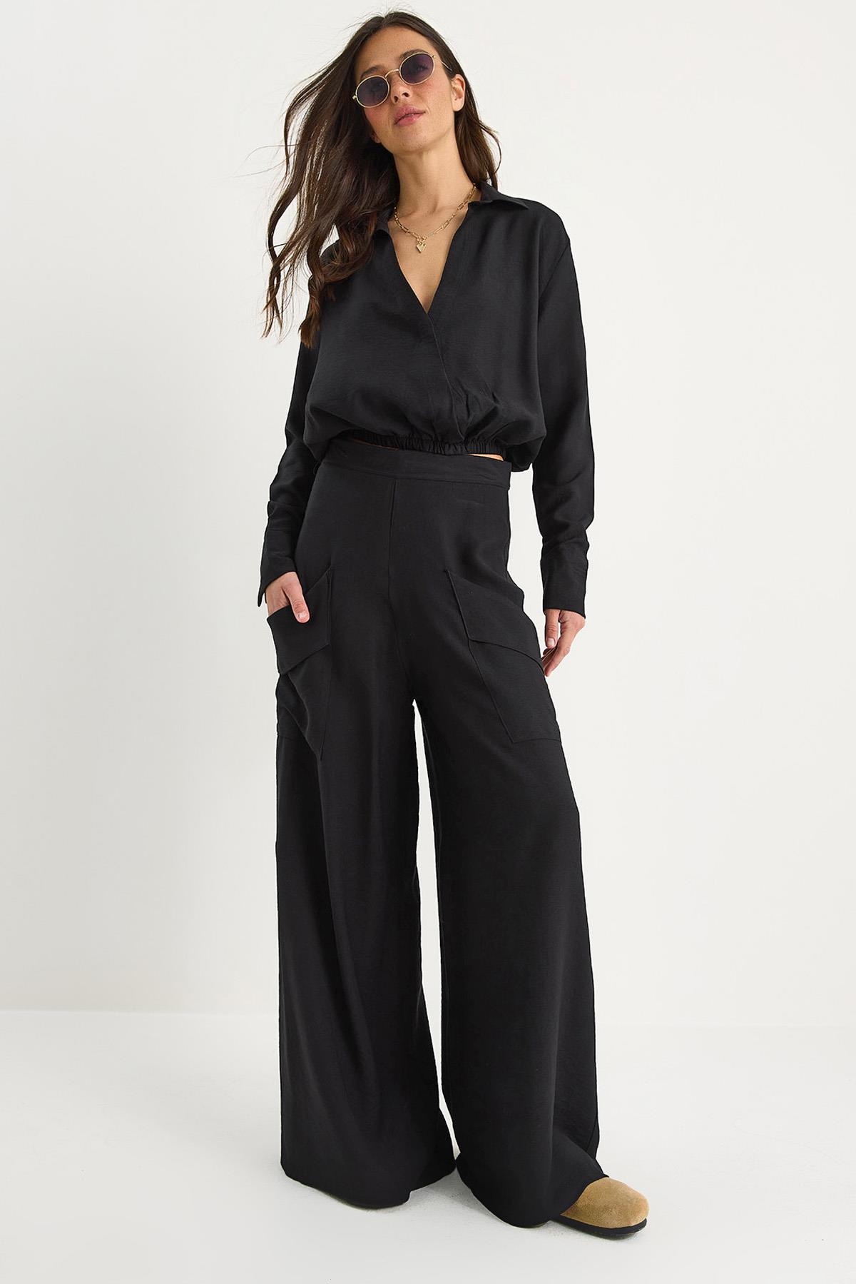 Kadın V Yaka Beli Lastikli Crop Cep Detaylı Bol Pantolonlu Alt-Üst Takım B2199 60283369 - Siyah - Siyah / L