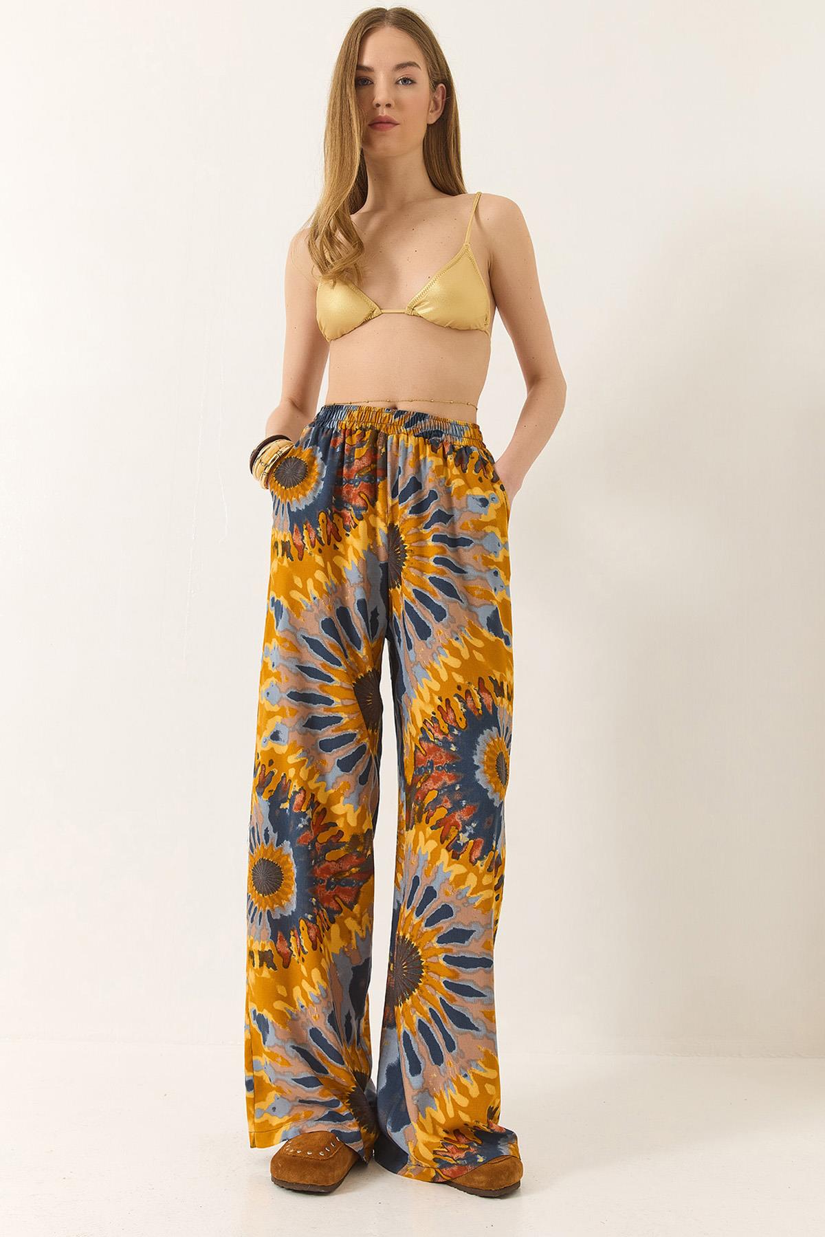 Kadın Beli Lastikli Desenli Cep Detaylı Dökümlü Viskon Palazzo Pantolon 60284035 - Mango - Mango / S