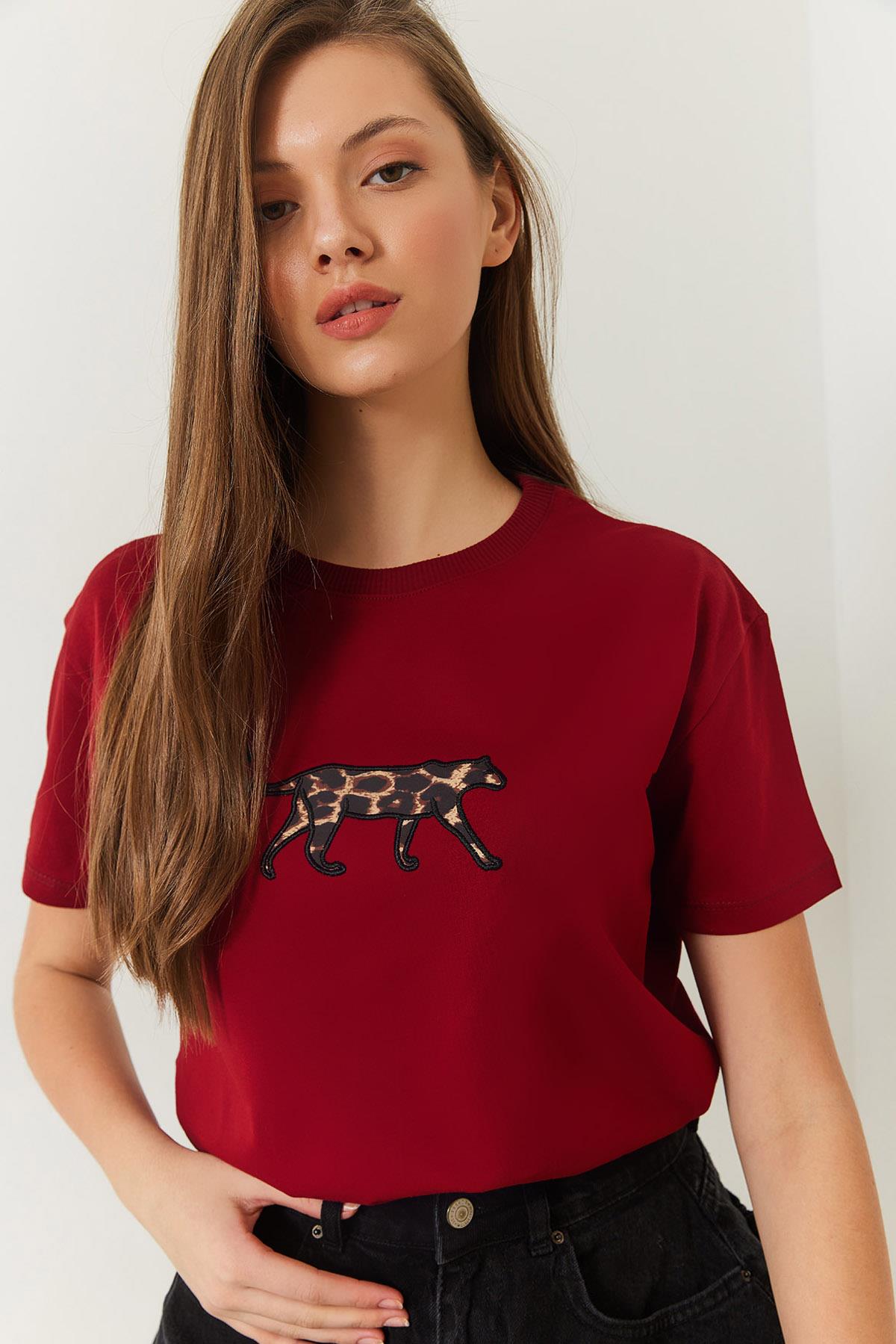 Kadın Leopar Baskılı Tshirt 60602006 - Bordo - Bordo / S