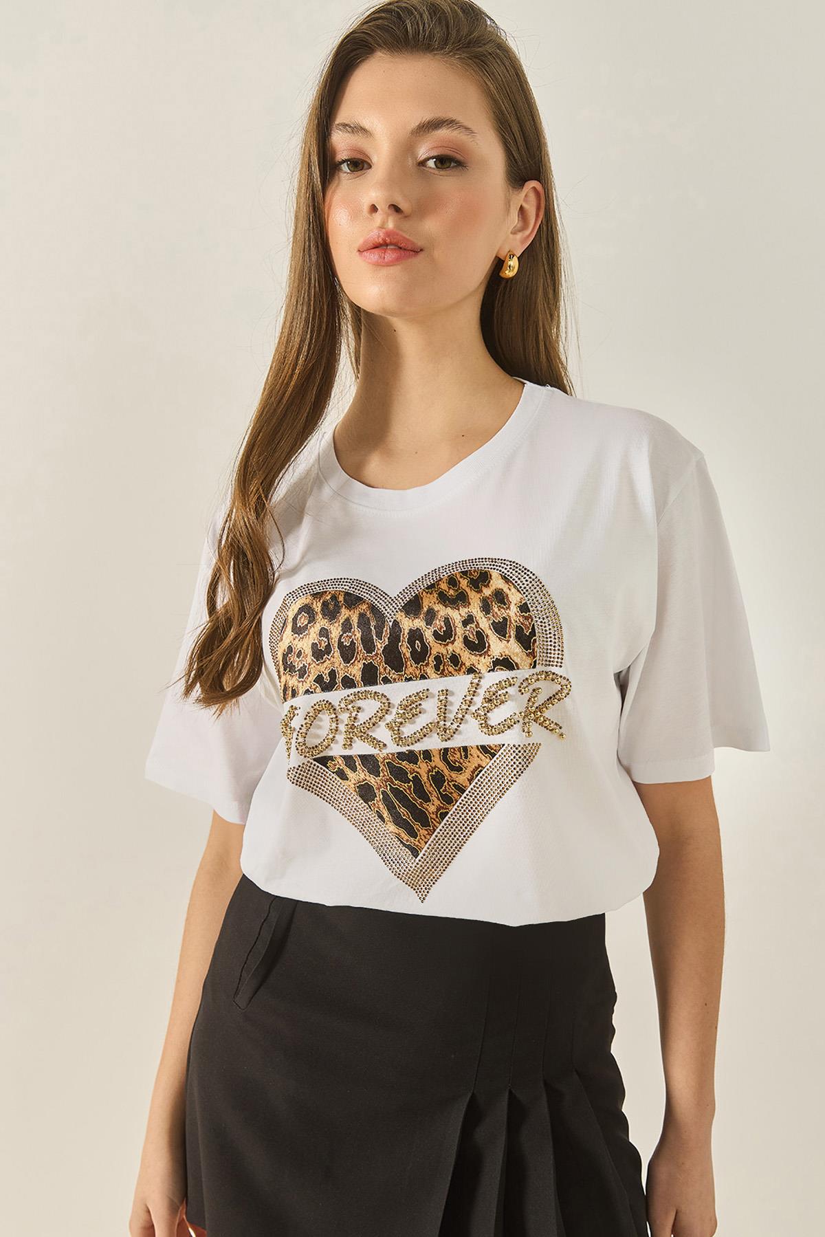 Kadın Forever Taş Baskılı Leoparlı Rahat Kalıp T-Shirt 1812 60283281 - Beyaz - Beyaz / M