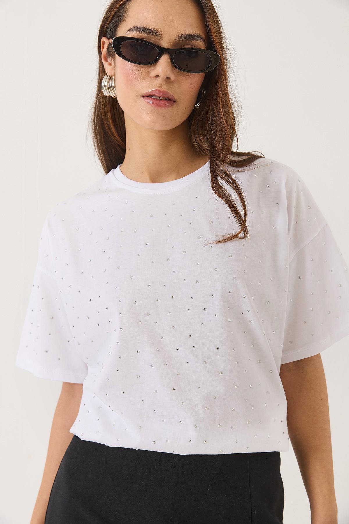 Kadın Pul Detaylı Bisiklet Yaka Kısa Kollu T-Shirt 3028 60283149 - Beyaz - Beyaz / XL