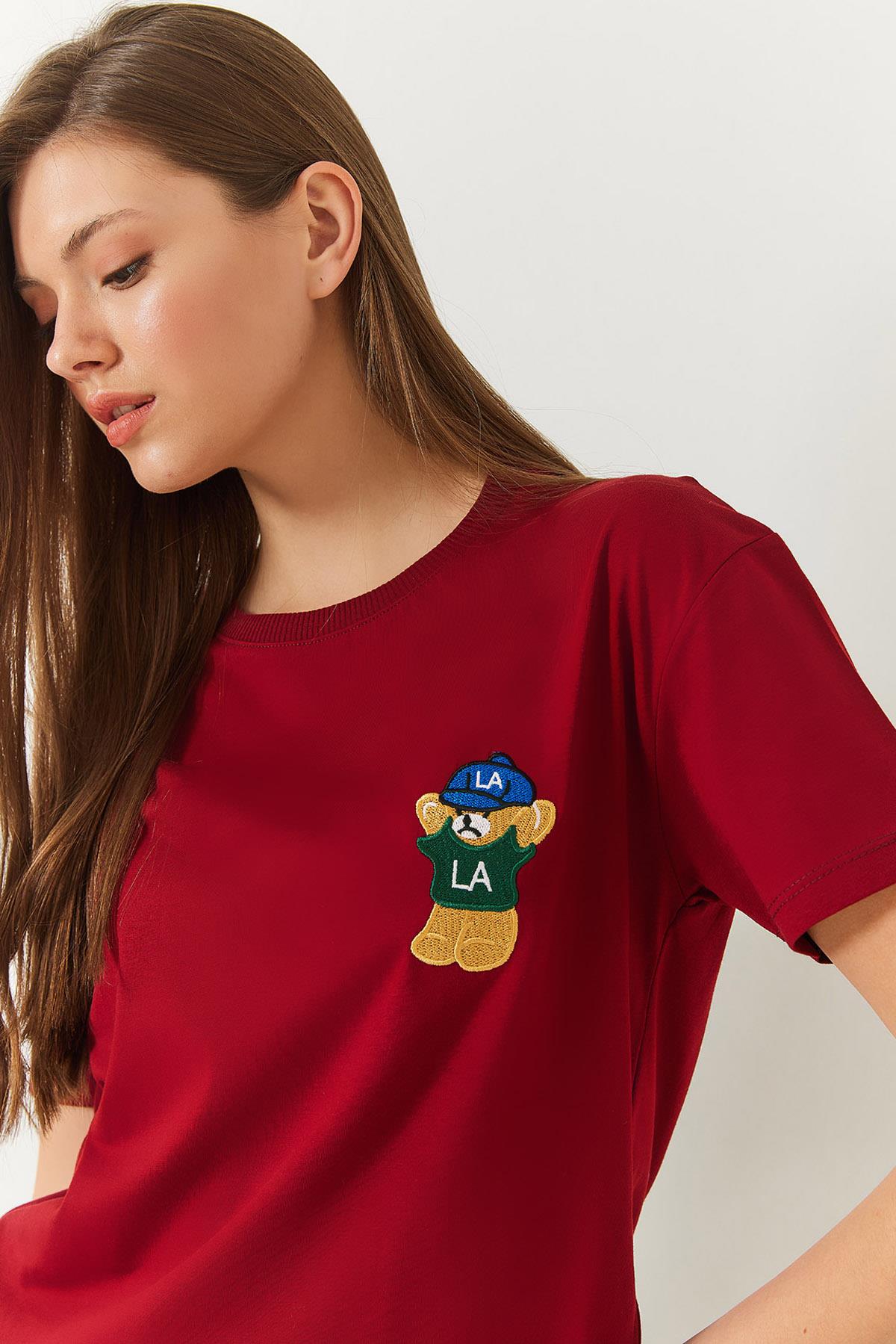 Kadın Ayıcık Baskılı Tshirt 60602007 - Bordo - Bordo / L