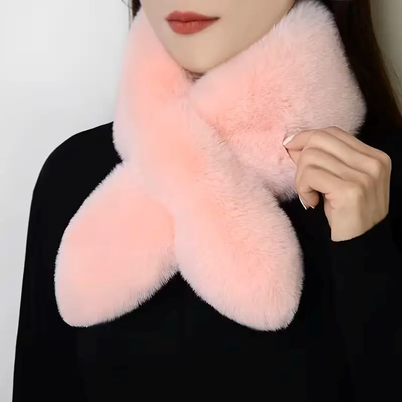 MORESUN Lüks Peluş Tavşan Kürkü Pembe Yaka Atkı