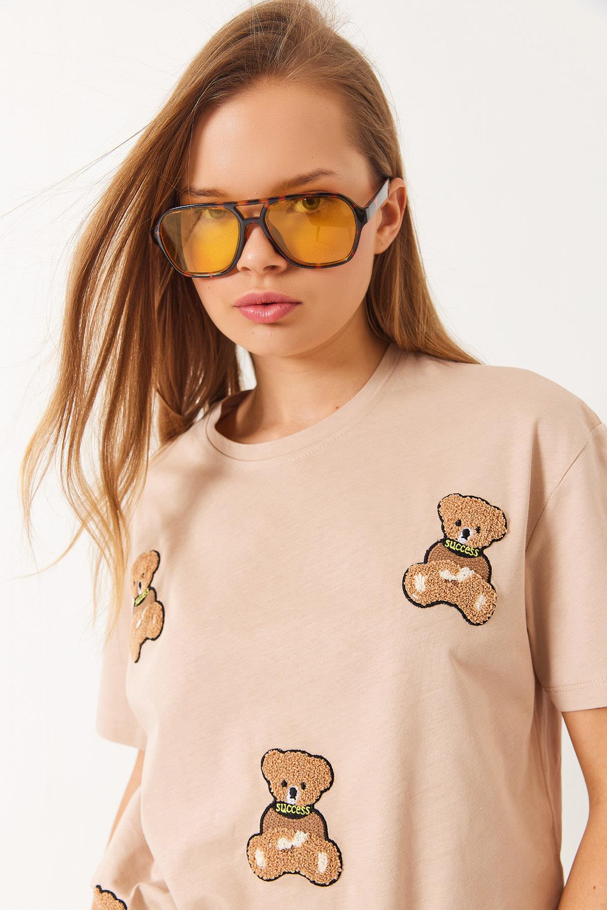 Kadın Süzene Teddy Nakışlı Regular T-Shirt 6544 60283067 - Bej - Bej / M