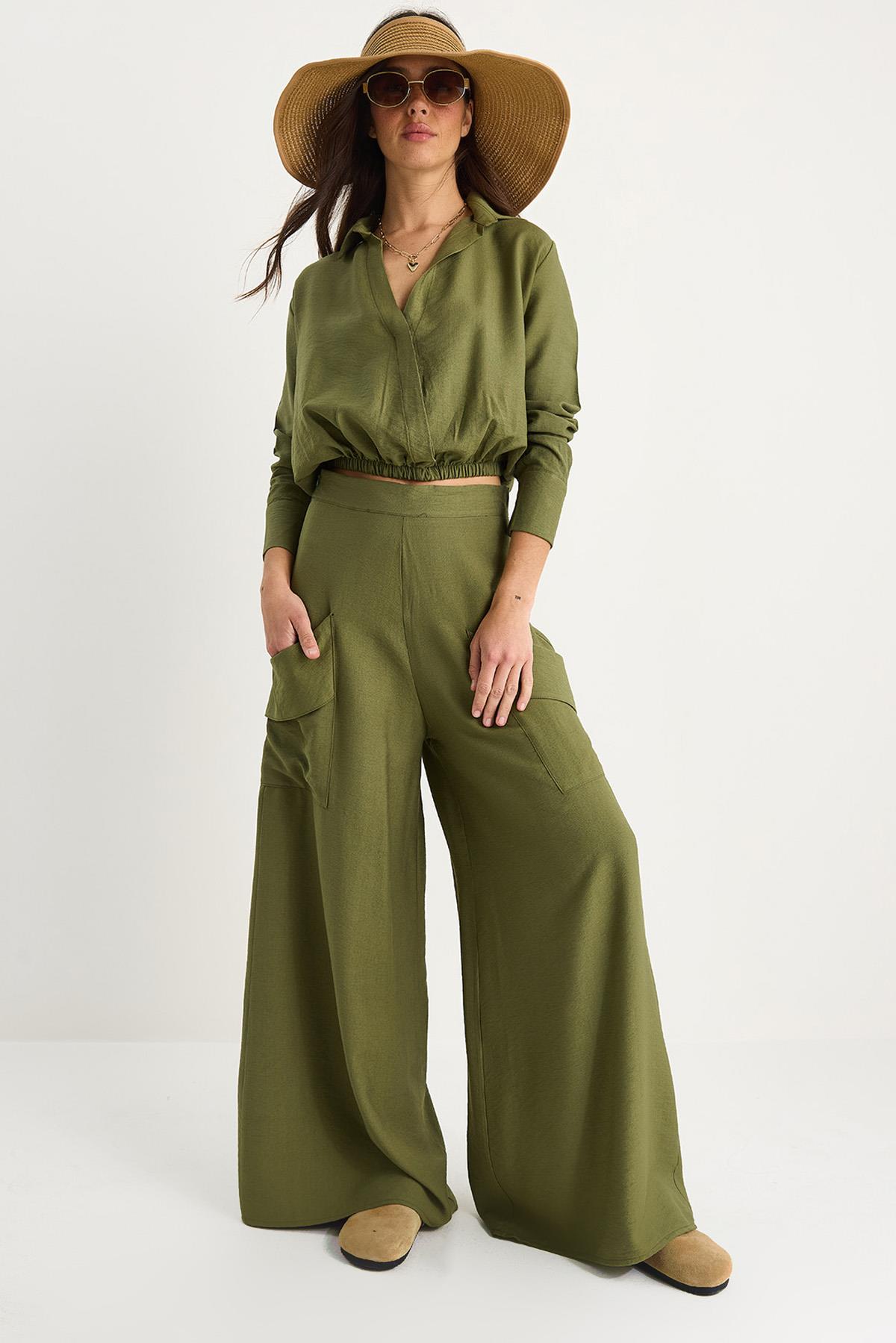 Kadın V Yaka Beli Lastikli Crop Cep Detaylı Bol Pantolonlu Alt-Üst Takım B2199 60283369 - Haki - Haki / M