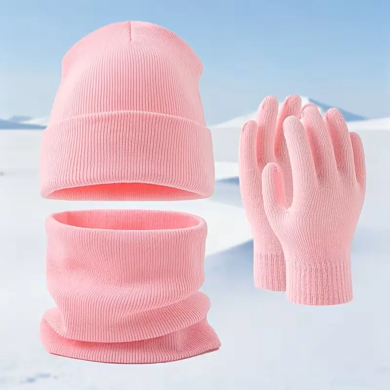 MORESUN Kışlık Şapka, Eşarp ve Eldiven Üçlü Pembe Set