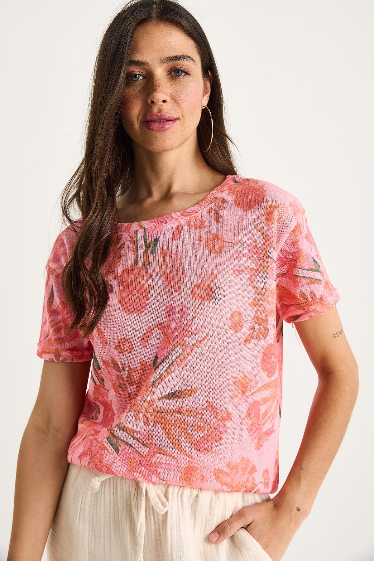 Kadın Bisiklet Yaka Desenli Dijital Baskılı Regular Yazlık Örme T-Shirt 60282015 - Pembe - Pembe / S