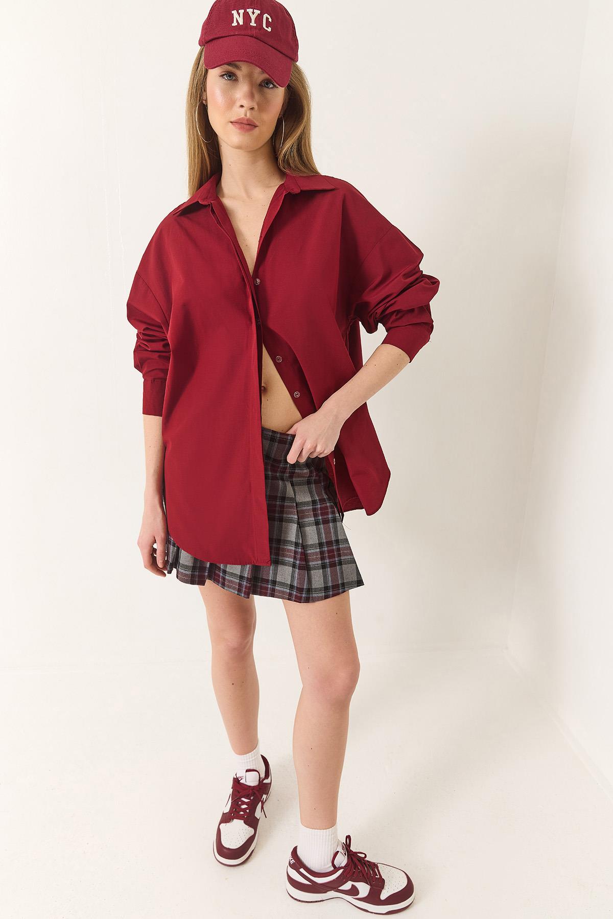 Kadın Oversize Terikoton Poplin Gömlek 34225 60284043 - Bordo - Bordo / S
