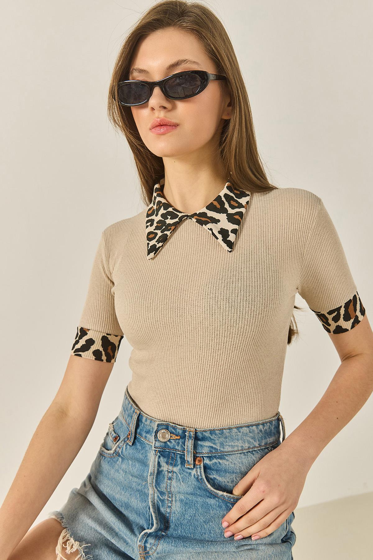 Kadın Polo Yaka Leopar Detaylı Fitilli Örme Bluz 2470 60284047 - Bej - Bej / S