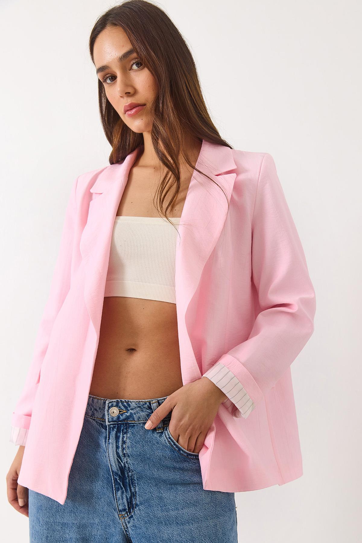 Kadın Vatkalı Astarı Çizgili Çilek Kumaş Blazer Ceket 50178 60283002 - Pudra - Pudra / S
