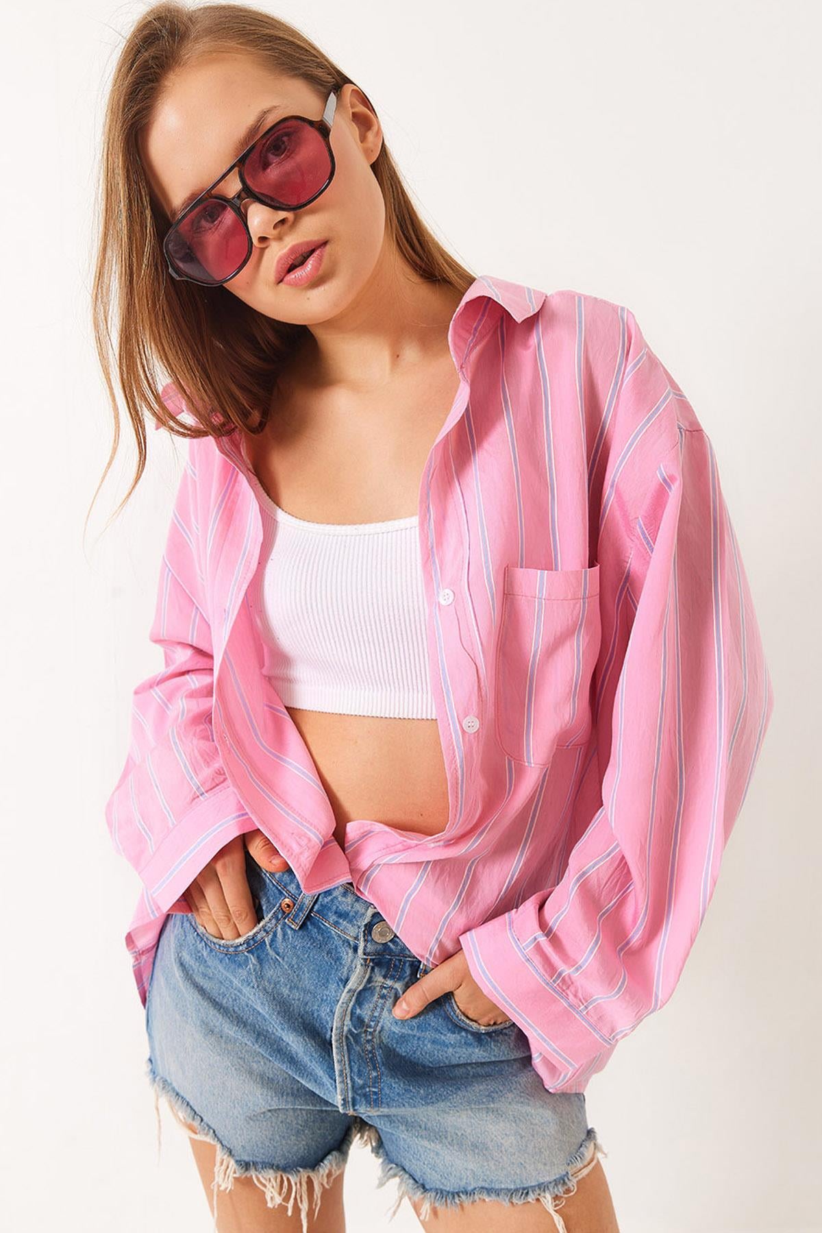 Kadın Çizgili Cepli Oversize Modal Gömlek 2258 60284002 - Pembe-Mavi - Pembe-Mavi / Tek Ebat