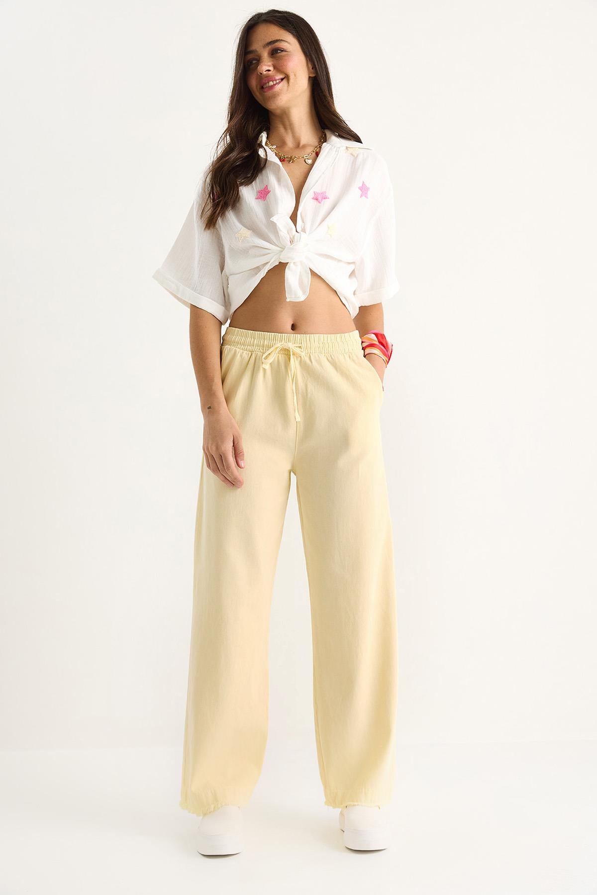 Kadın Beli Lastikli Paça Detaylı Palazzo Kalıp Pamuk Gabardin Yazlık Pantolon 60283323 - Limon Sarısı - Limon Sarısı / M
