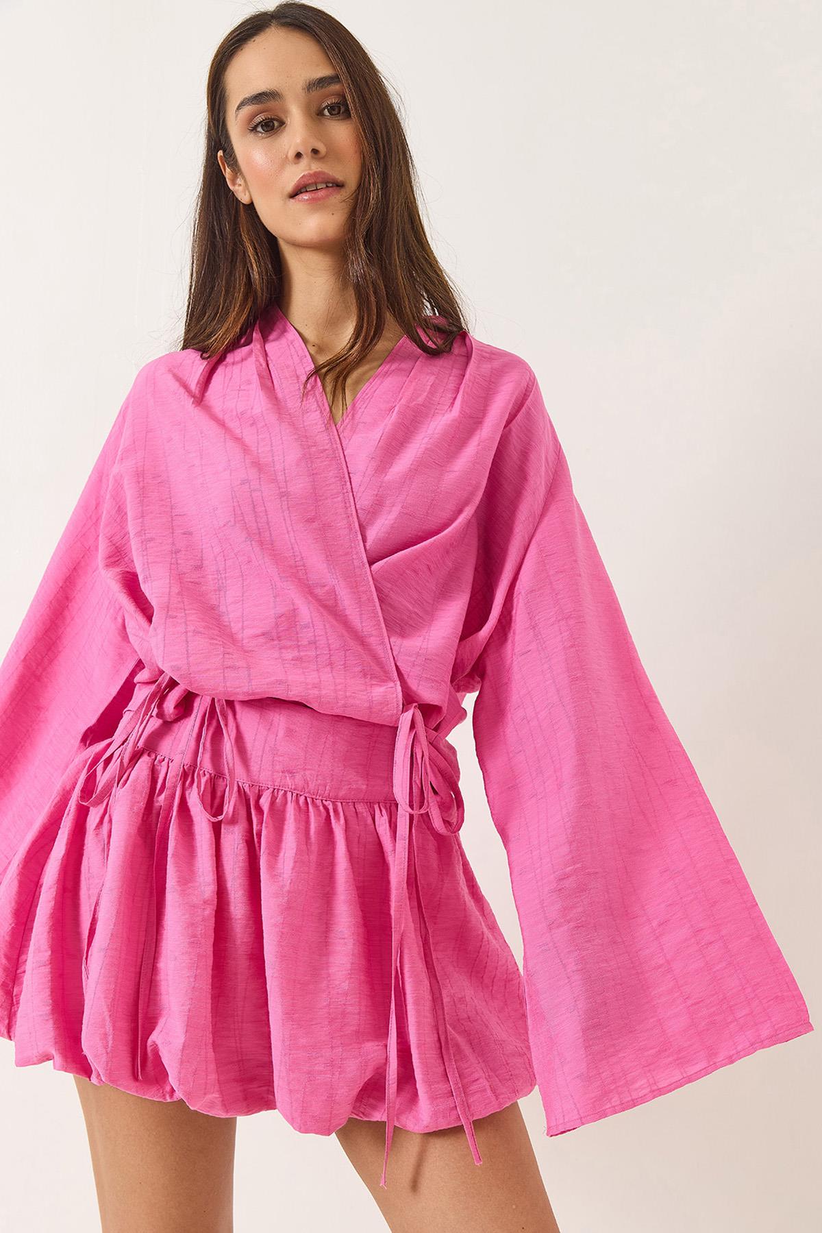 Kadın Mini Balon Etekli Bağlama Detaylı Kimono Alt-Üst Takım 60434 60283137 - Şeker Pembe - Şeker Pembe / S