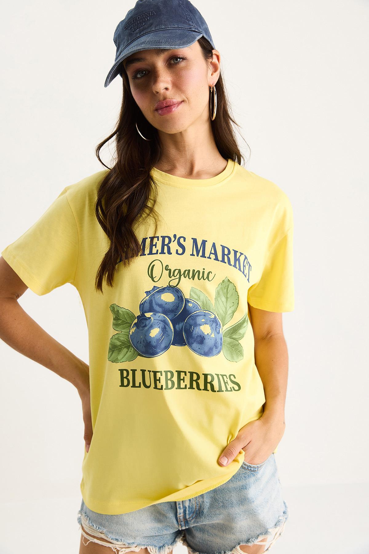 Kadın Blueberries Baskılı Bisiklet Yaka %100 Pamuklu T-Shirt 6702 60283451 - Sarı - Sarı / M