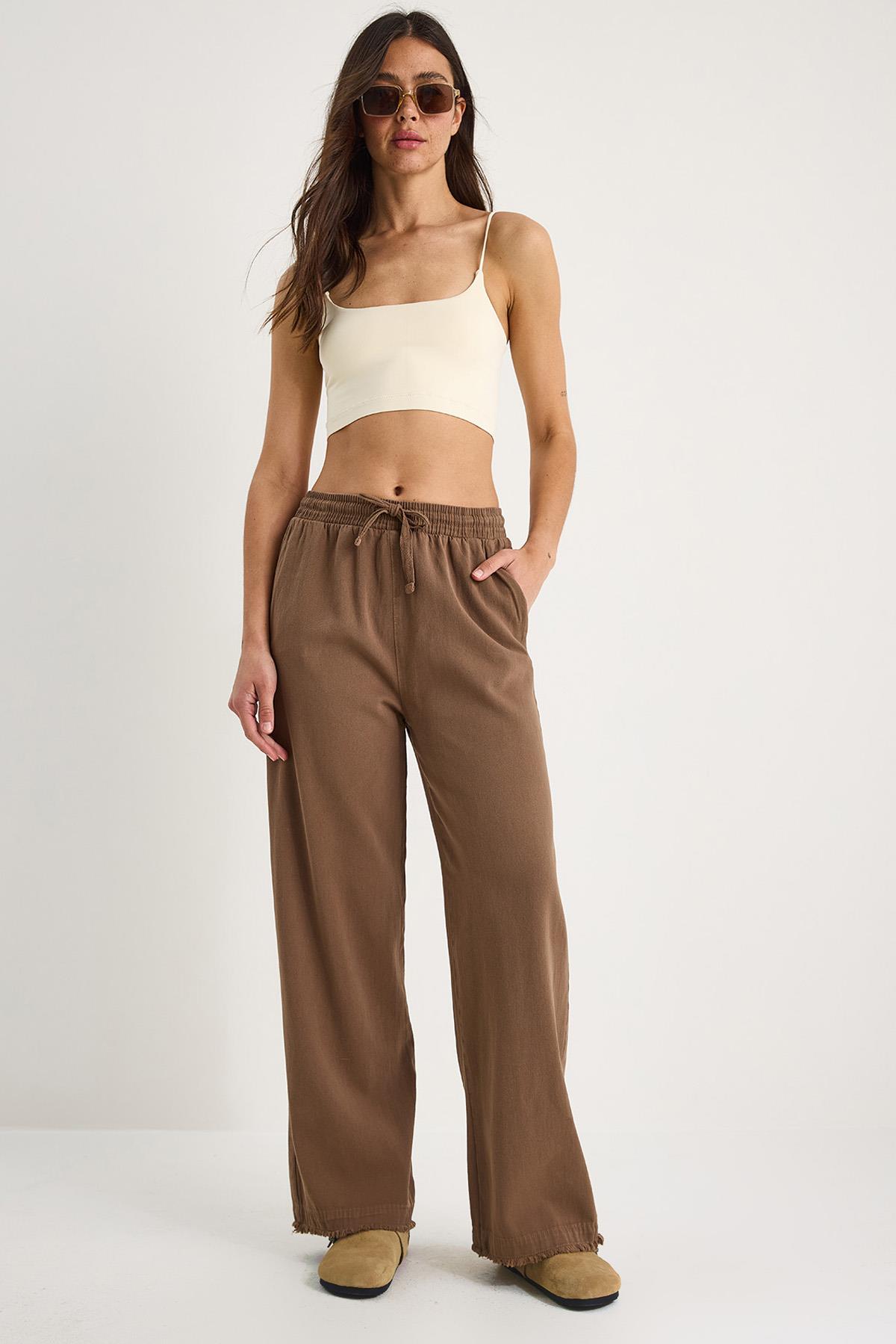 Kadın Beli Lastikli Paça Detaylı Palazzo Kalıp Pamuk Gabardin Yazlık Pantolon 60283323 - Kahve - Kahve / S