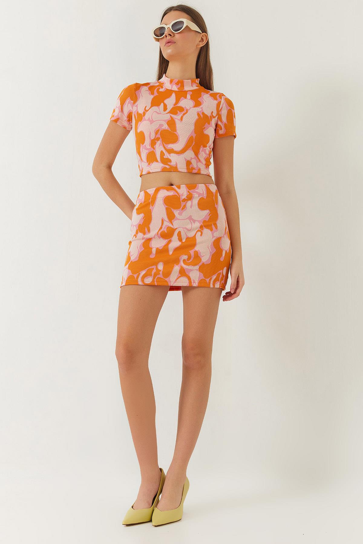 Kadın Yarım Balıkçı Kısa Kollu Crop Mini Etekli Alt-Üst Takım 60261373 - Orange-Pudra - Orange-Pudra / L
