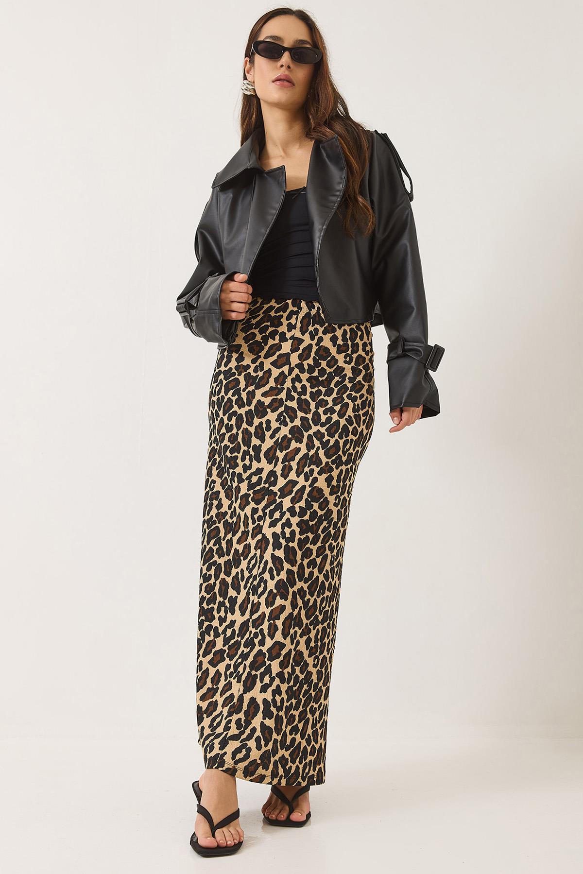 Kadın Leopar Desenli Beli Lastikli Uzun Kalem Etek 0258 60283170 - Leopar - Leopar / M