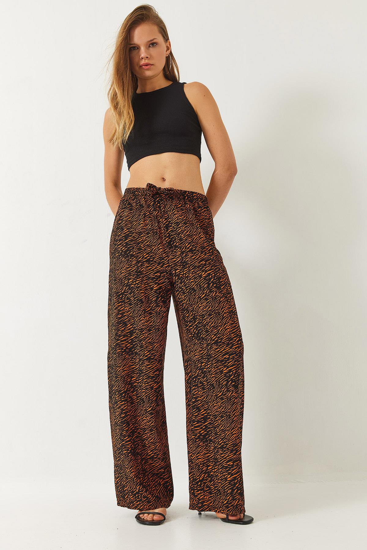 Kadın Desenli Beli Lastikli Bağlamalı Rahat Viskon Pantolon 60261469 - Siyah-Camel - Siyah-Camel / L