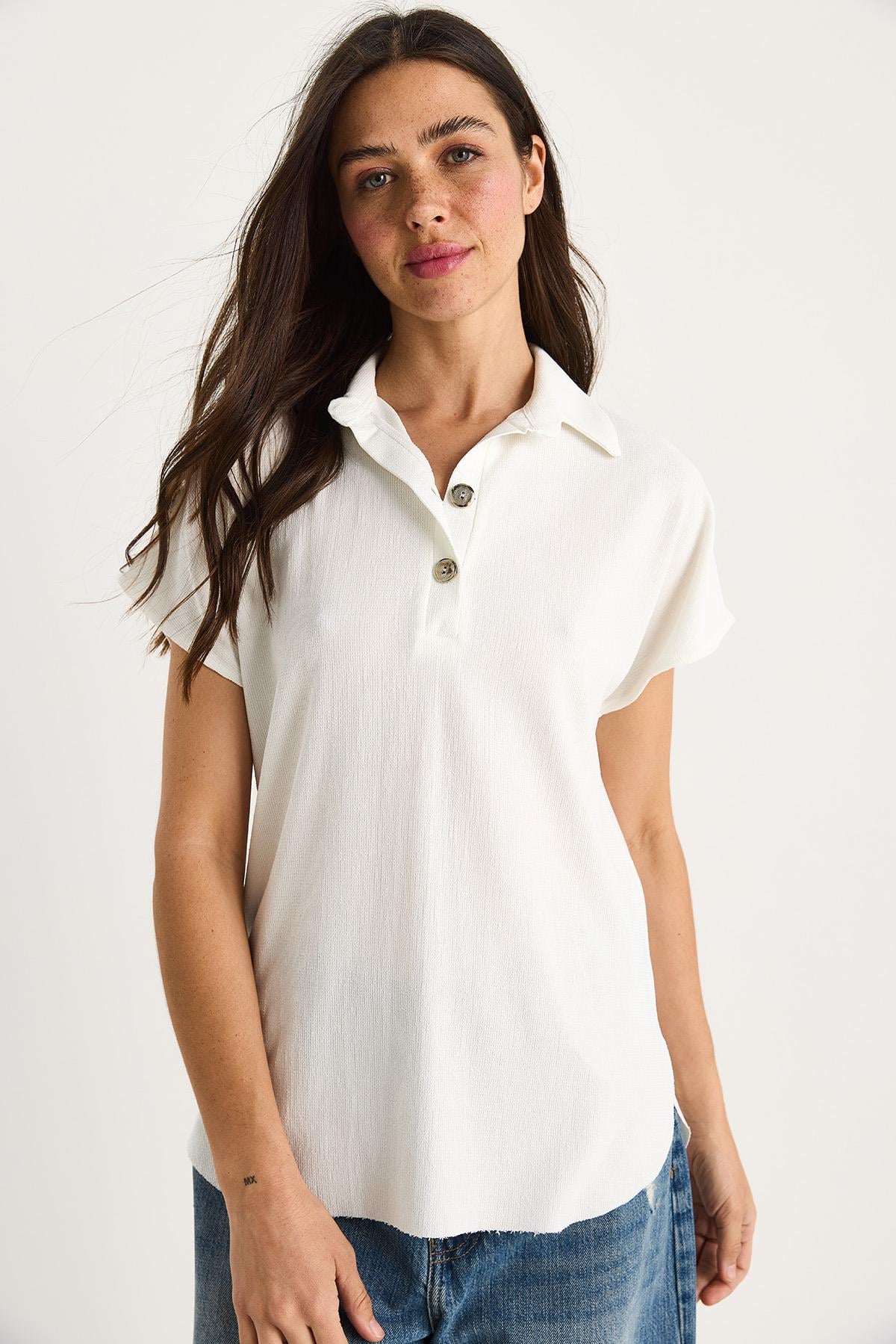 Kadın Polo Yaka Oval Etek Uçlu Rahat T-Shirt 4070 60283402 - Beyaz - Beyaz / S