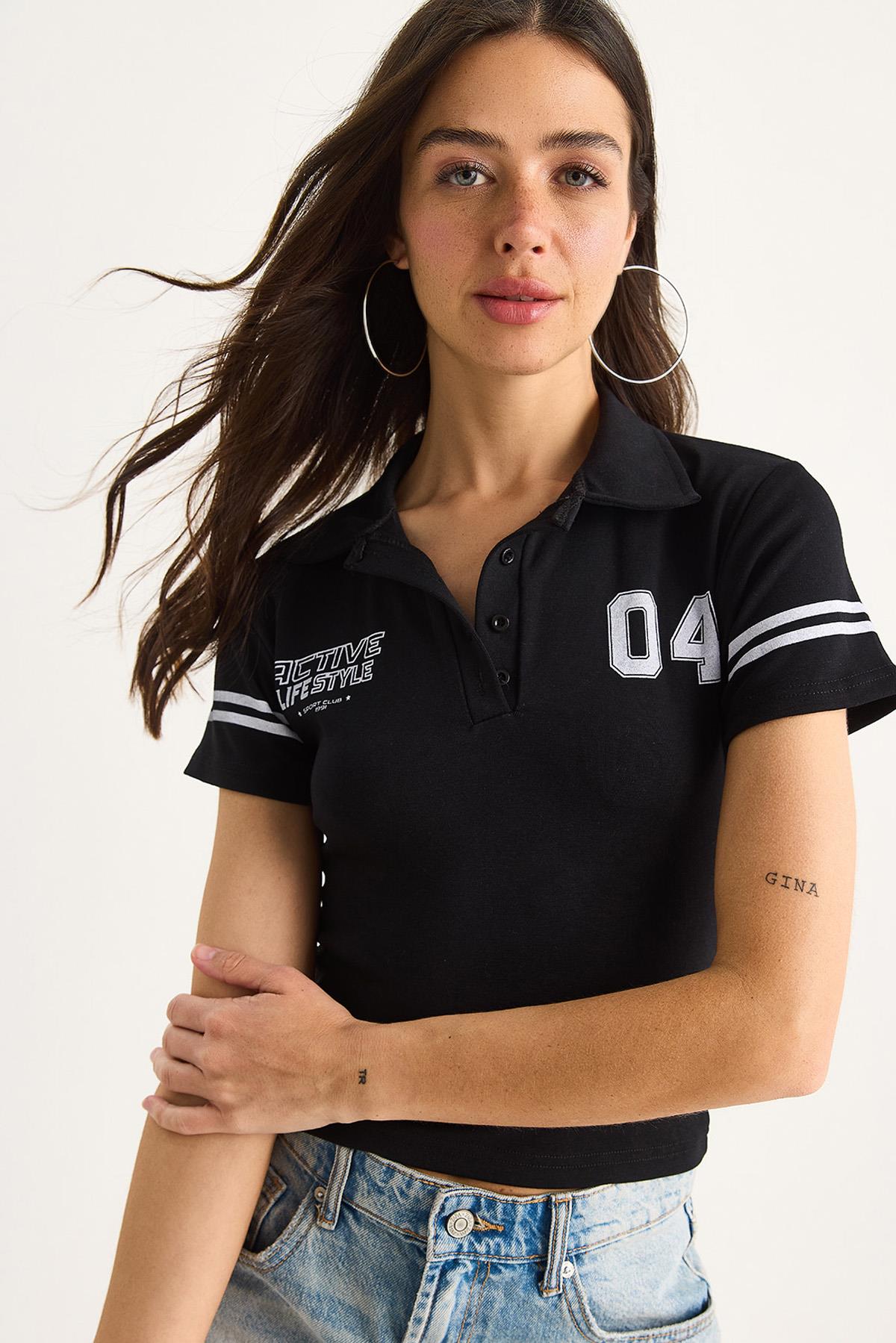 Kadın Polo Yaka Baskılı Kısa Kollu Crop T-Shirt 4004 60283401 - Siyah - Siyah / M