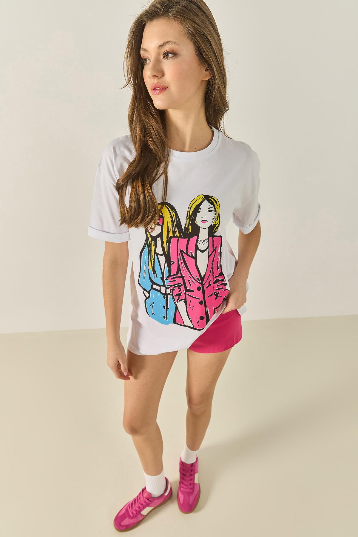 Kadın Bisiklet Yaka Baskılı Kısa Kollu Kadın T-Shirt 5242 60284049 - Beyaz - Beyaz / L