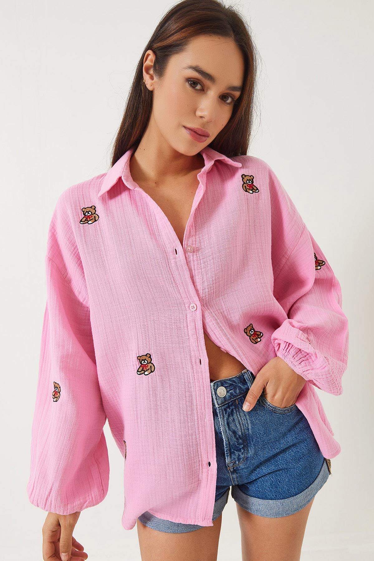Kadın Teddy İşlemeli Kolları Lastikli Oversize Pamuk Gömlek 2060 60283011 - Pembe - Pembe / L